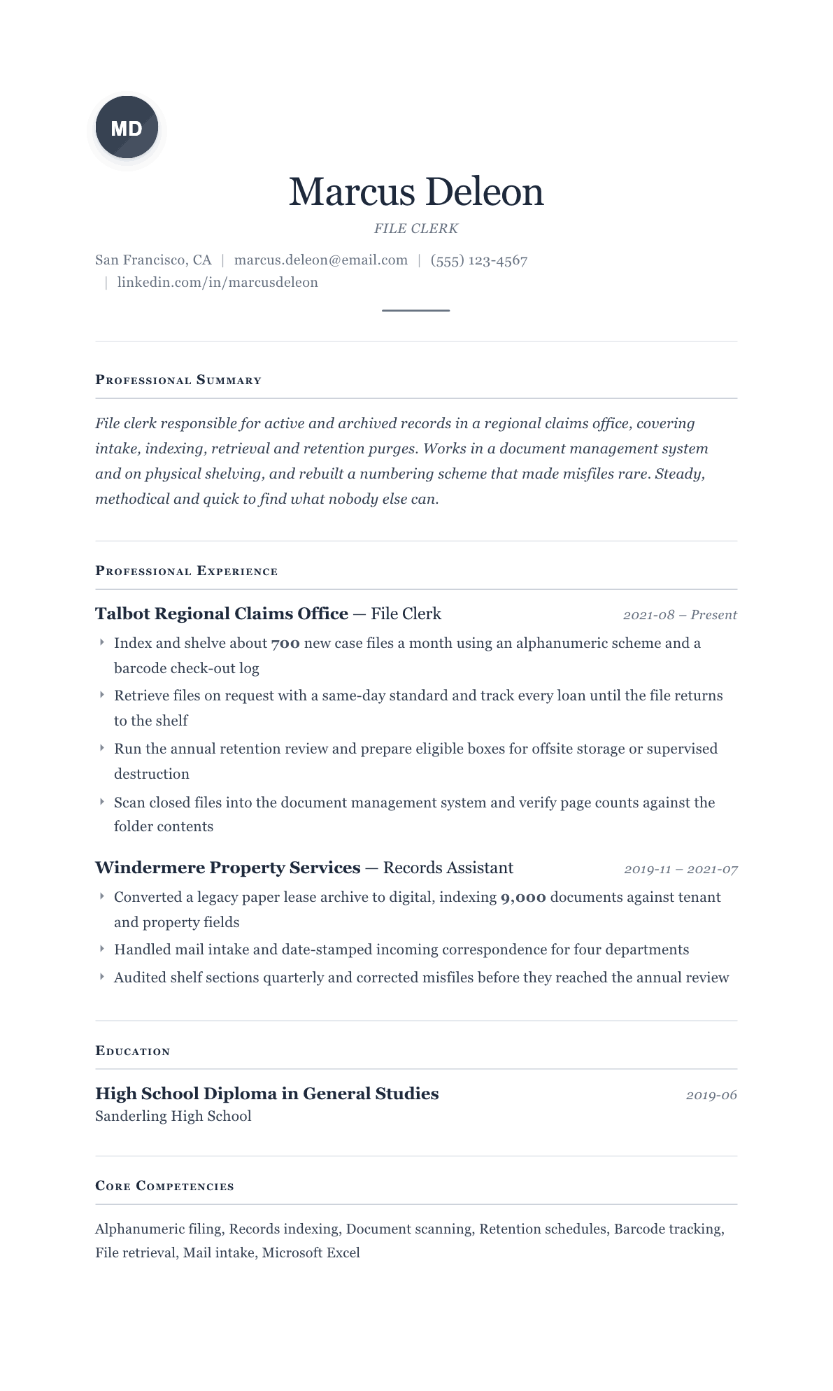 File Clerk resume example, Cornerstone template