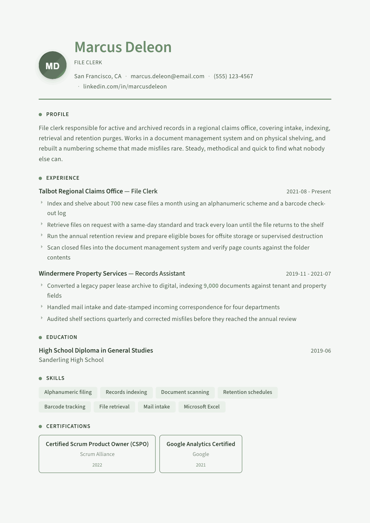 File Clerk resume example, Sage Garden template