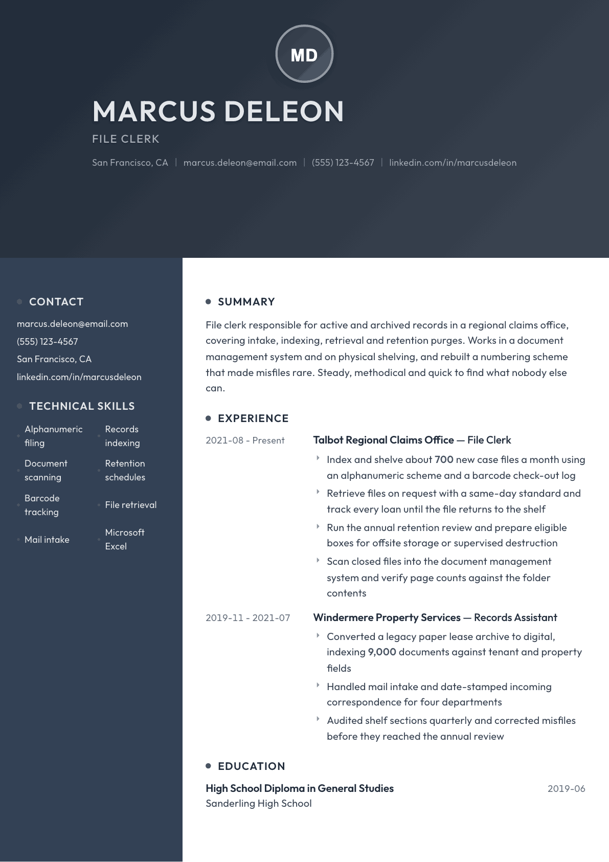 File Clerk resume example, Binary template