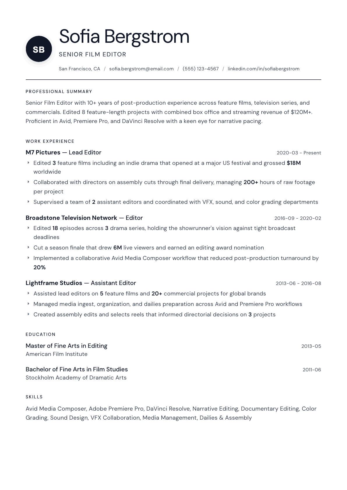 Film Editor resume example, Stockholm template