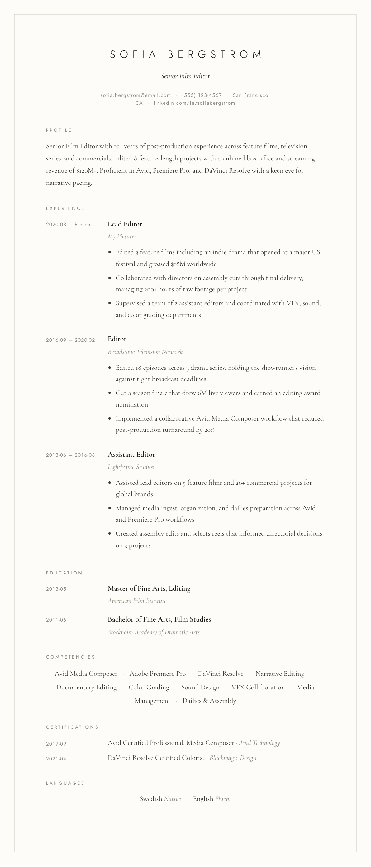 Film Editor resume example, Vellum template
