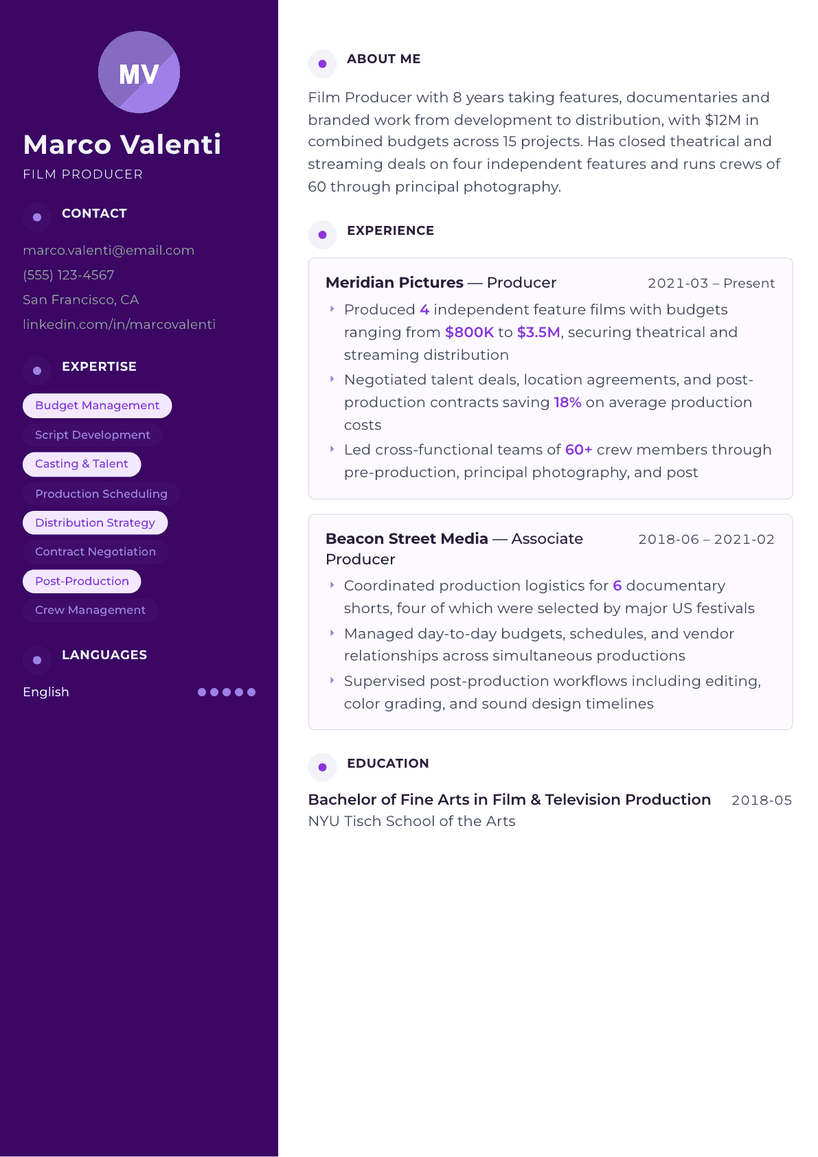 Film Producer resume example, Palette template