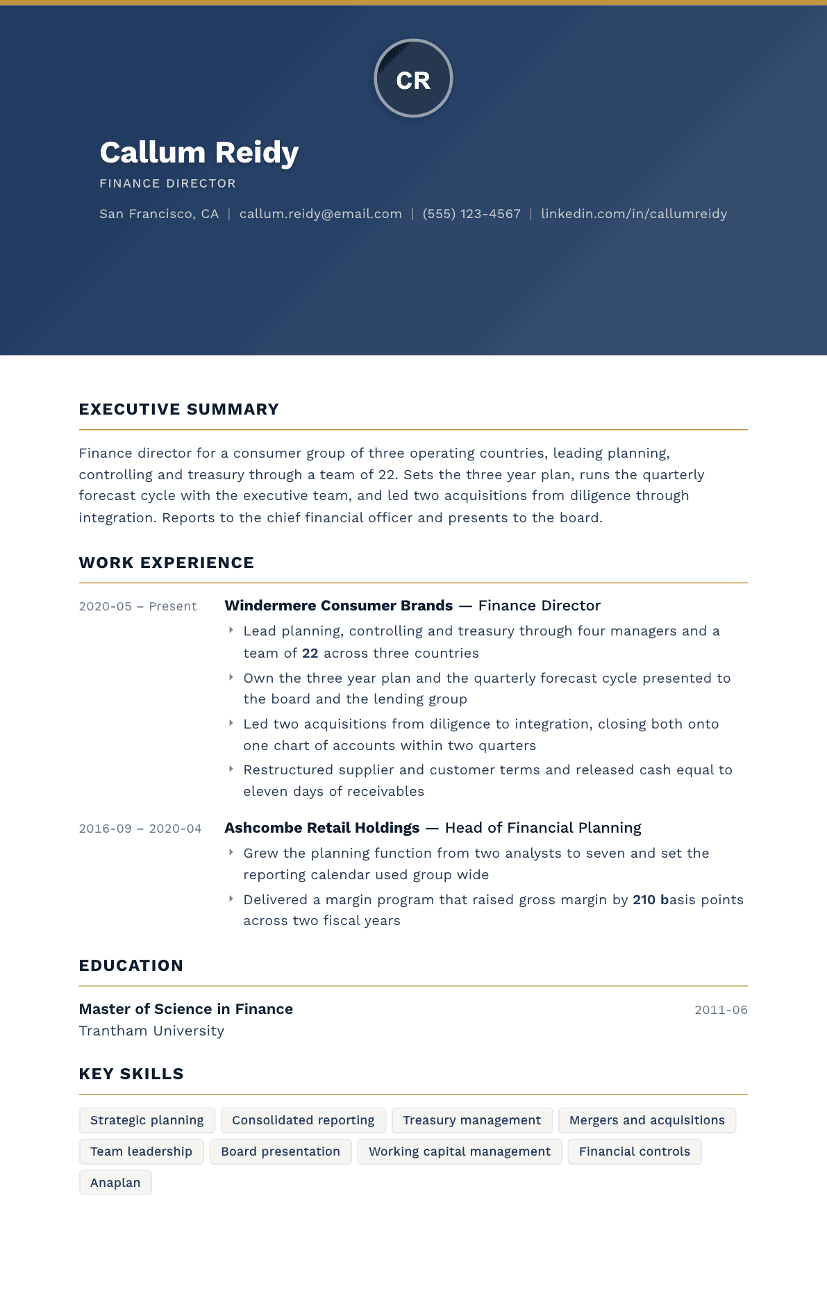 Finance Director resume example, Sovereign template