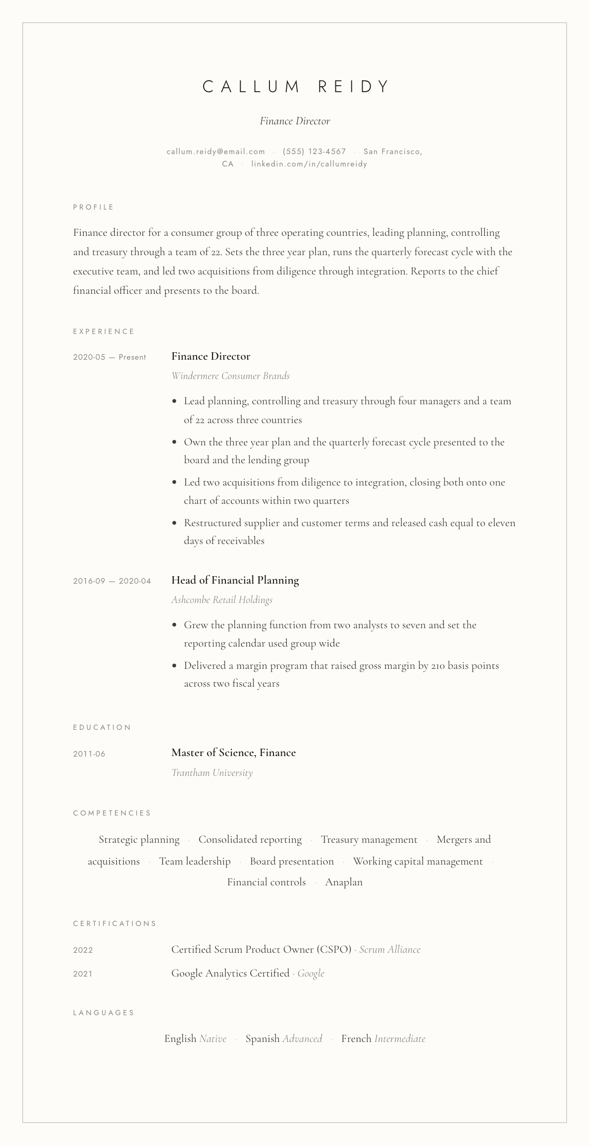 Finance Director resume example, Vellum template