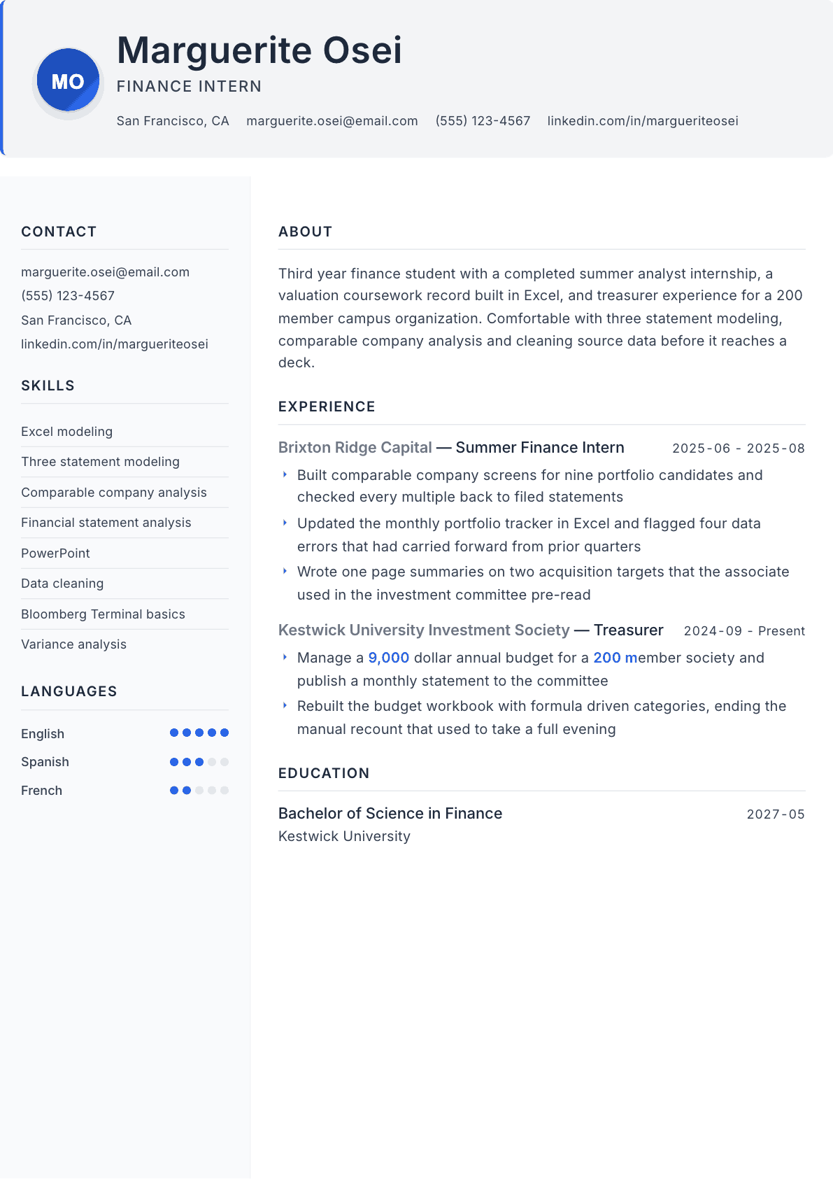 Finance Intern resume example, Paper template