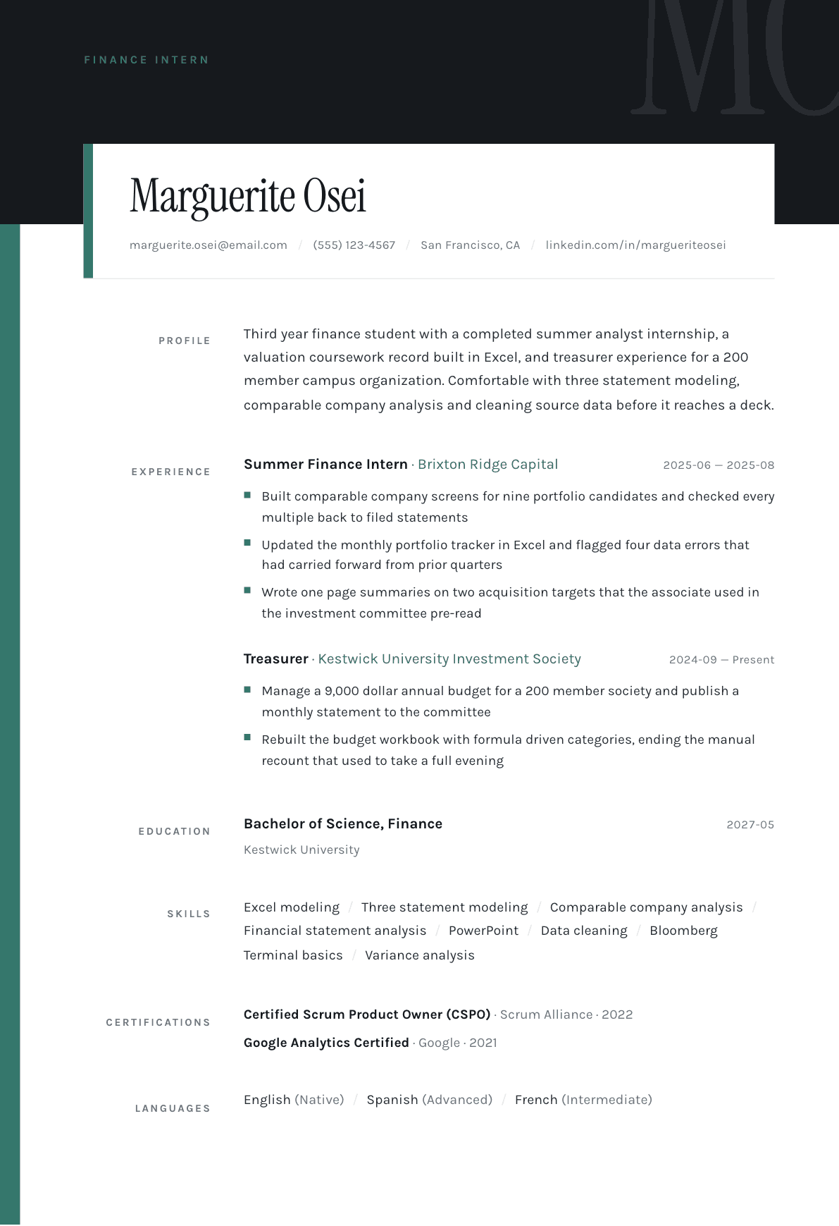 Finance Intern resume example, Quarto template