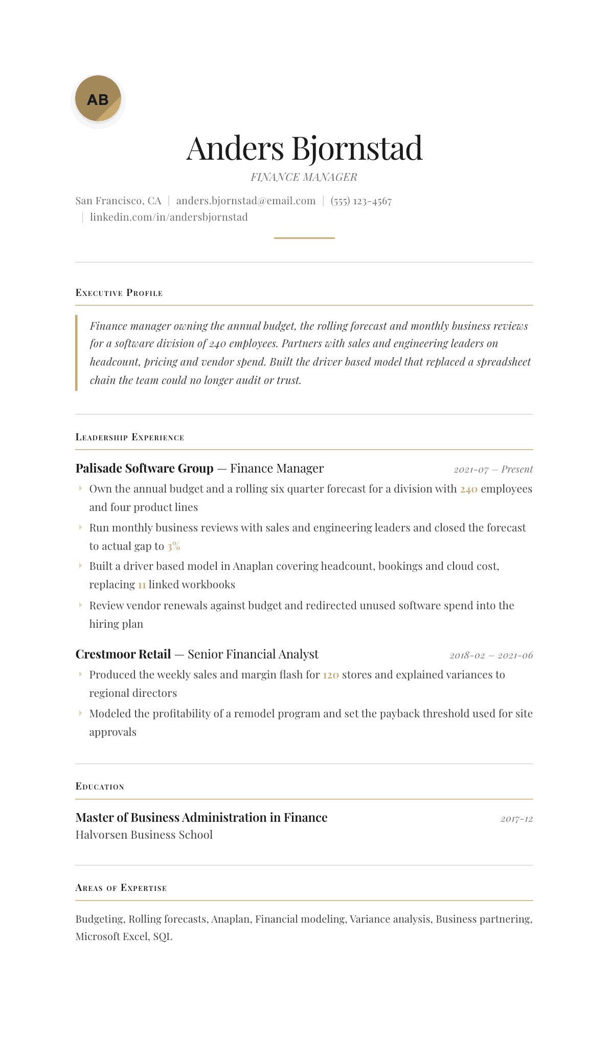 Finance Manager resume example, Chancellor template