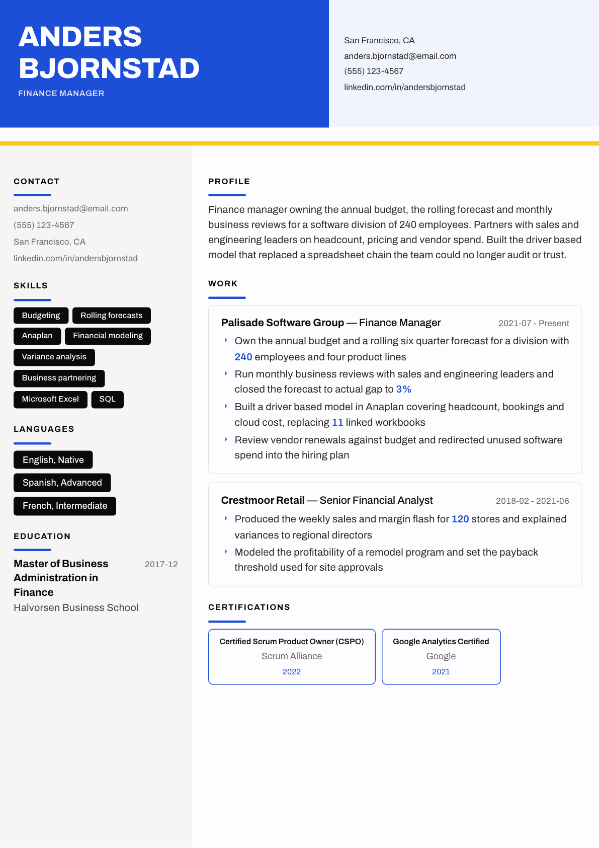 Finance Manager resume example, Kontrast template