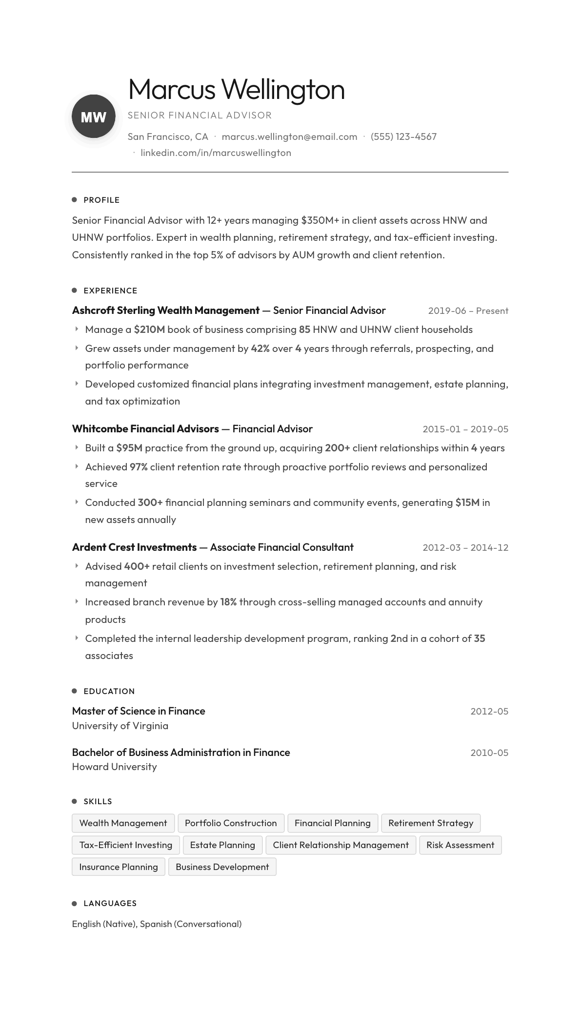 Financial Advisor resume example, Flux template