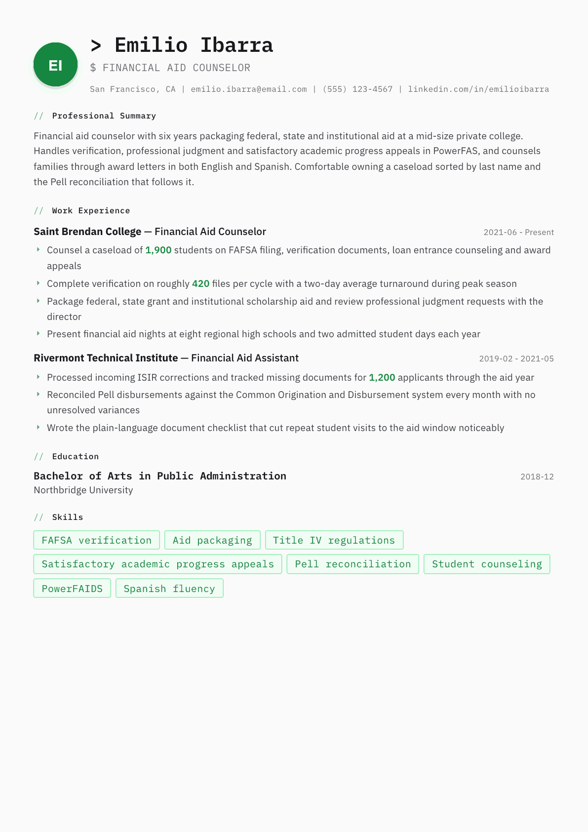 Financial Aid Counselor resume example, Amsterdam template