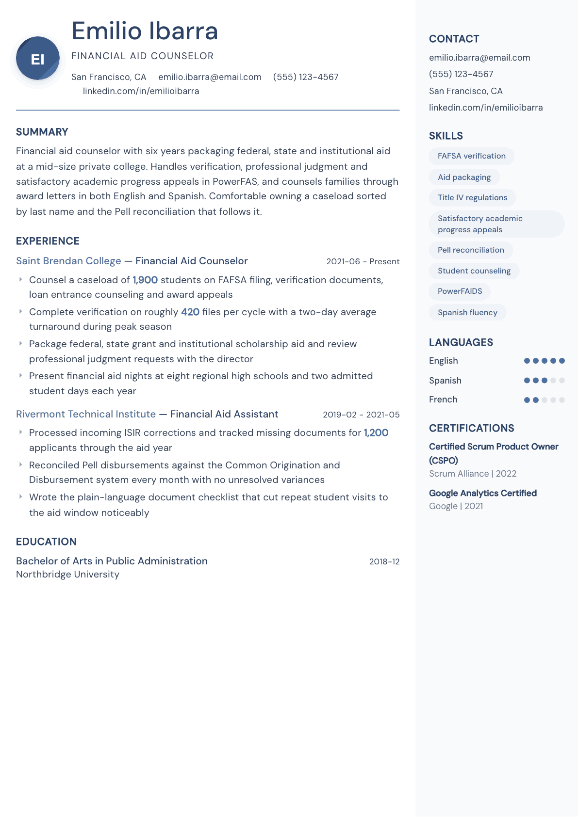 Financial Aid Counselor resume example, Kernel template