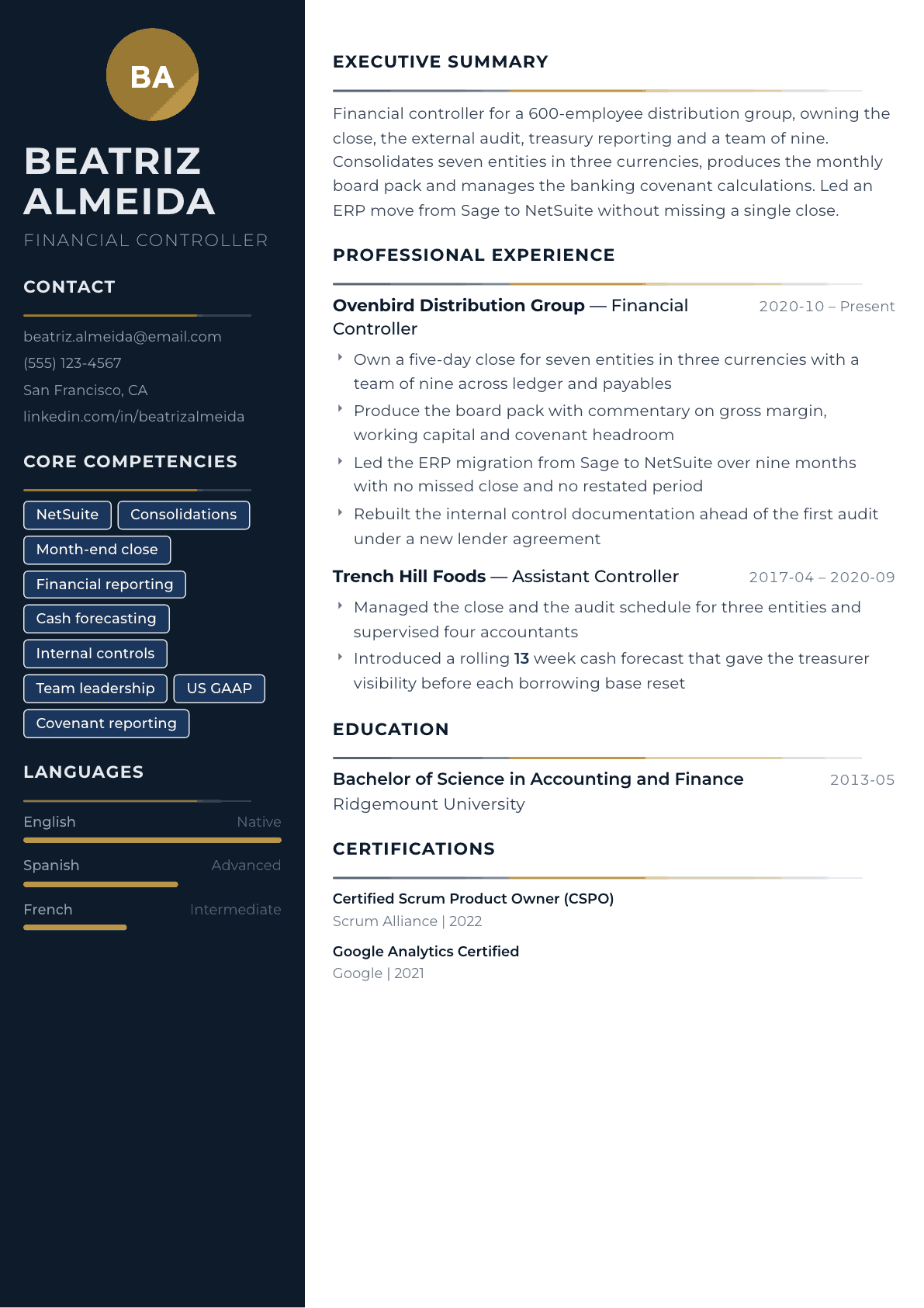 Financial Controller resume example, Catalyst template