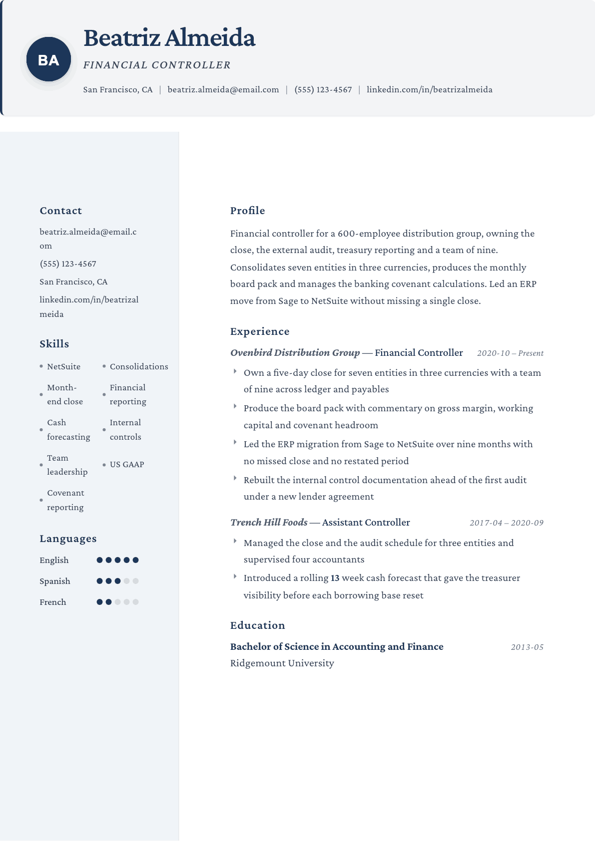 Financial Controller resume example, Formal template