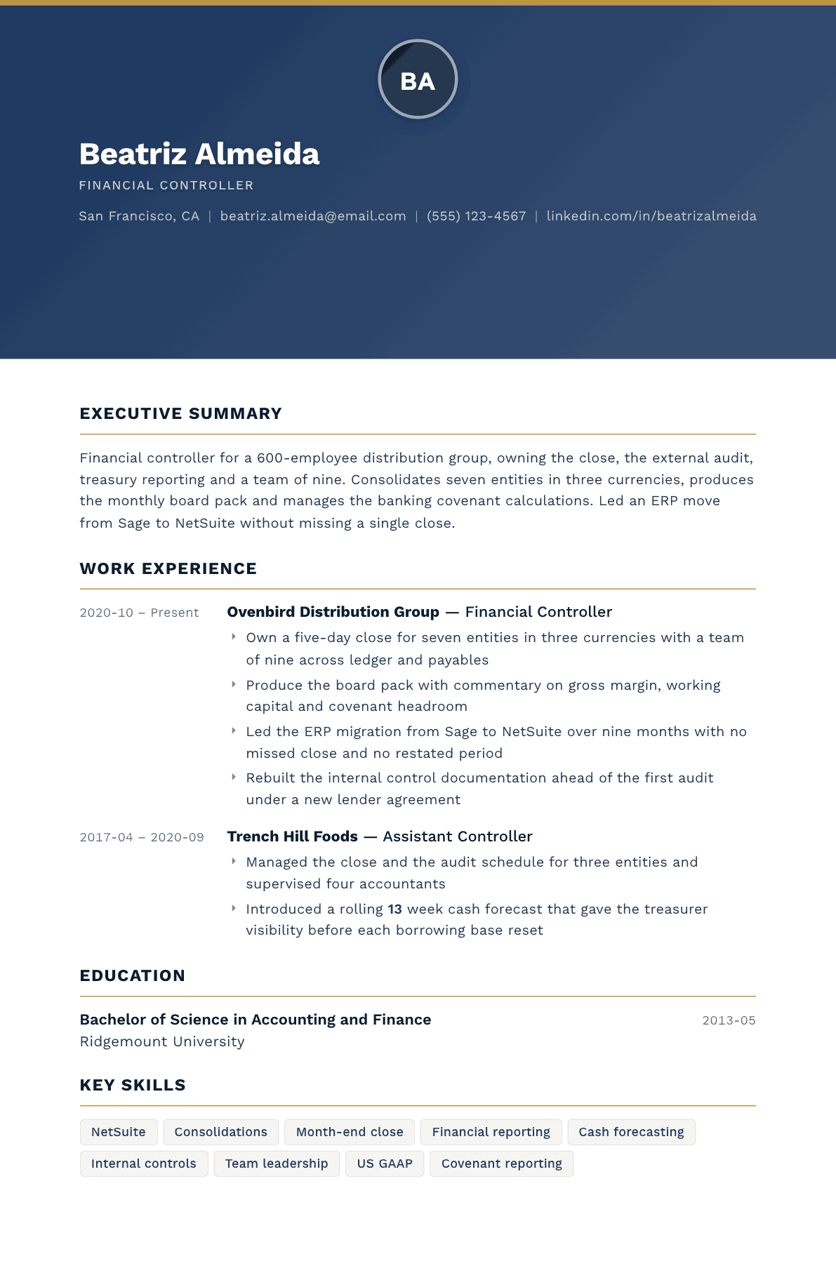 Financial Controller resume example, Sovereign template