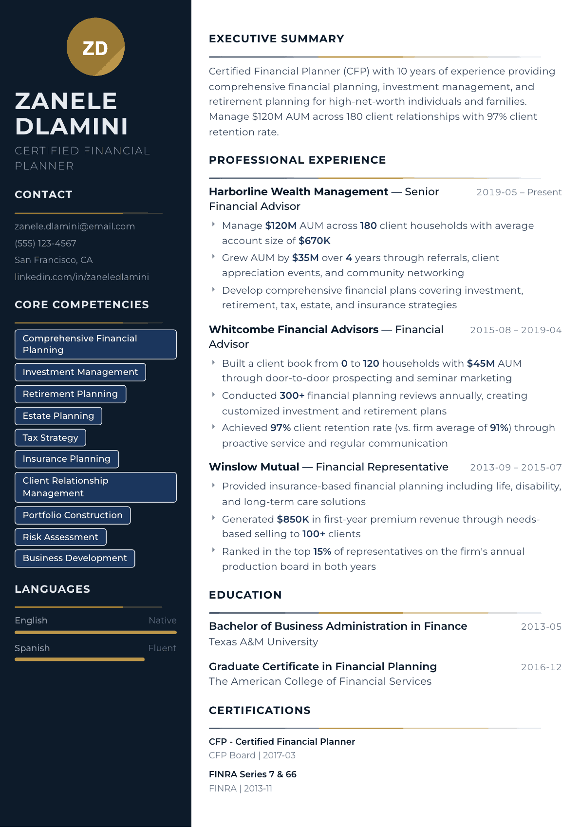 Financial Planner resume example, Catalyst template