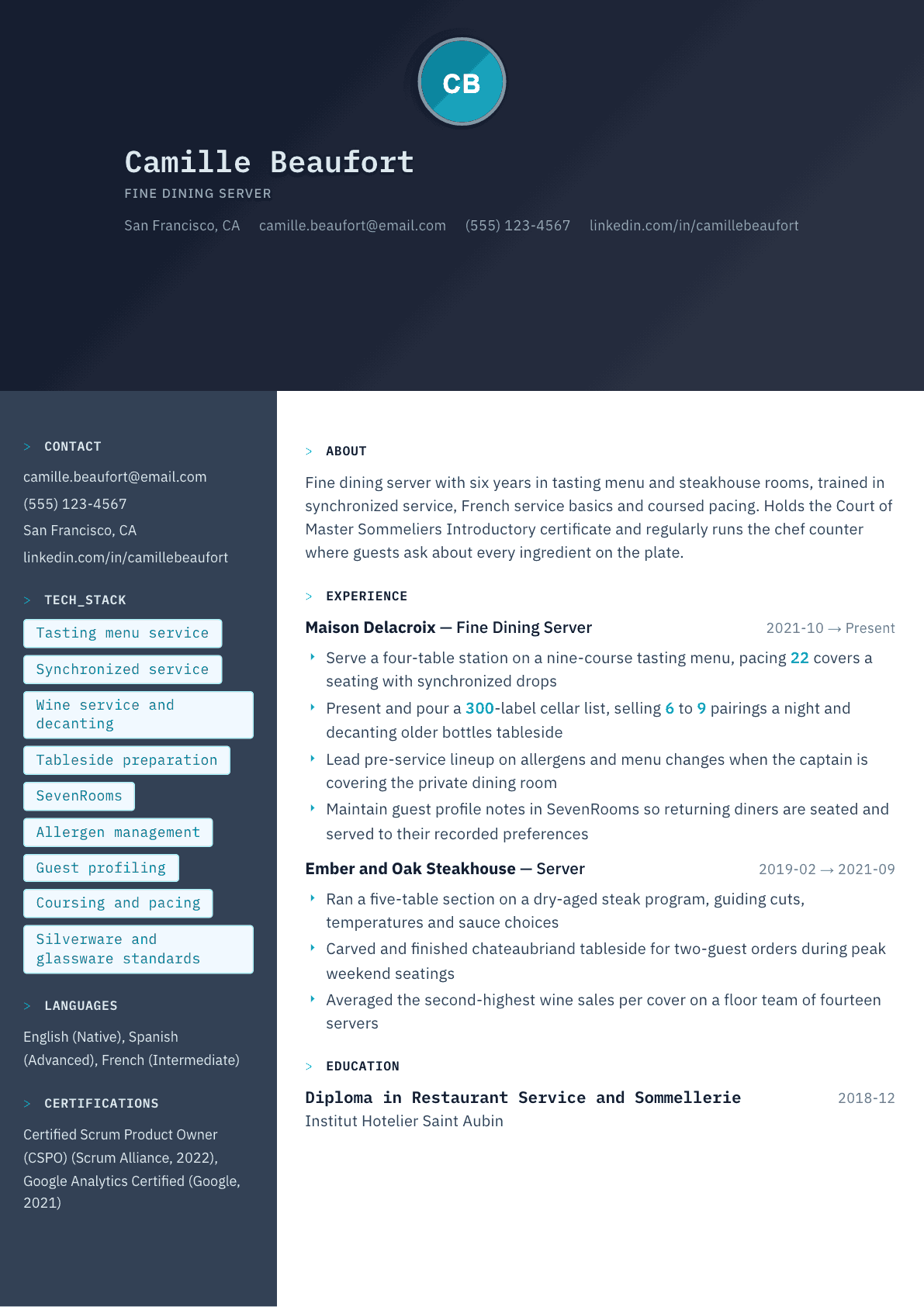 Fine Dining Server resume example, Code Terminal template