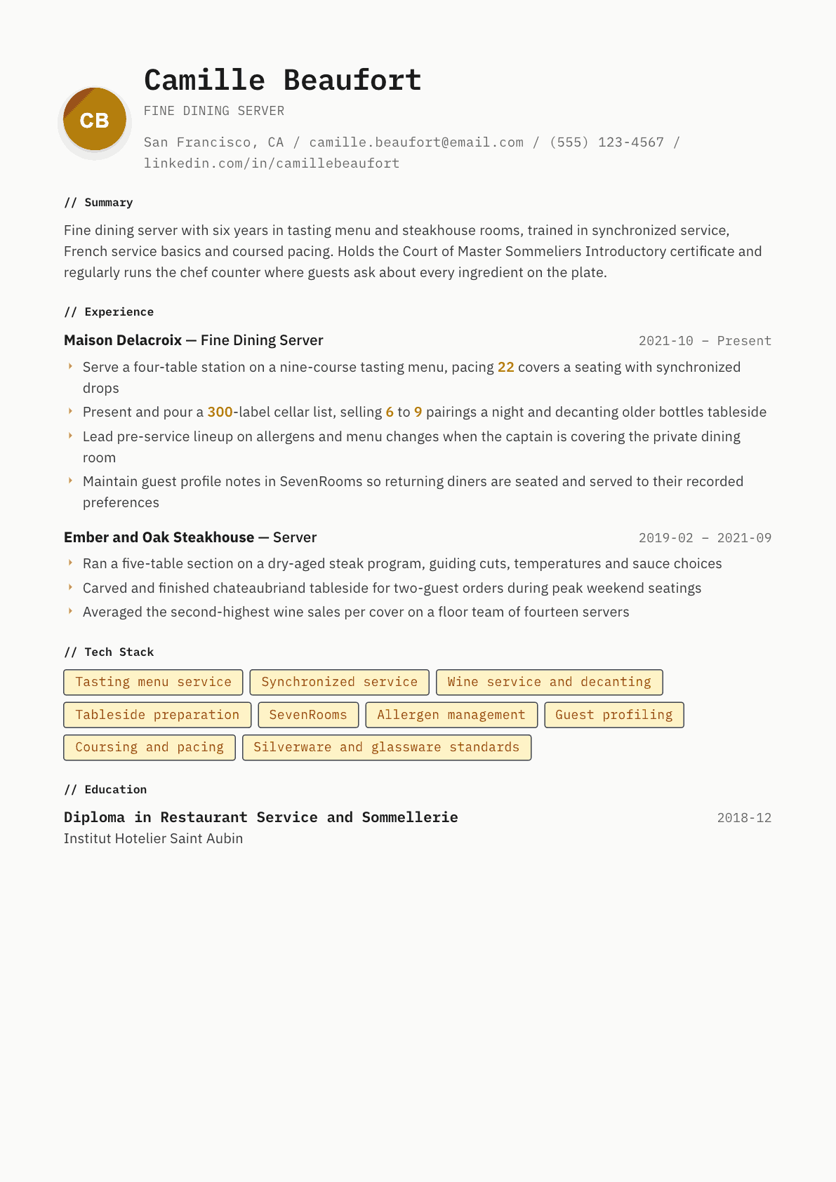Fine Dining Server resume example, Inkwell template