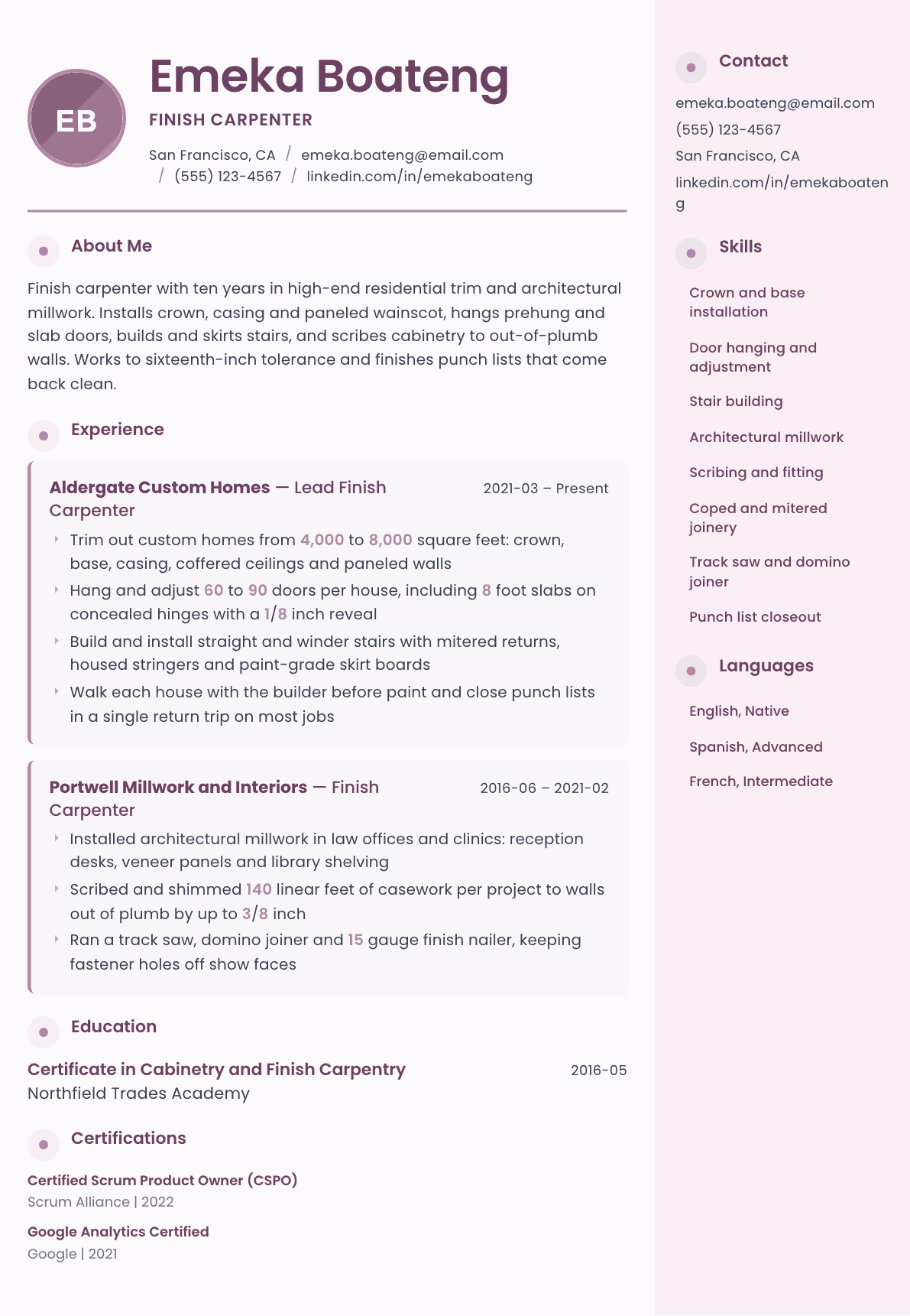 Finish Carpenter resume example, Bloom template