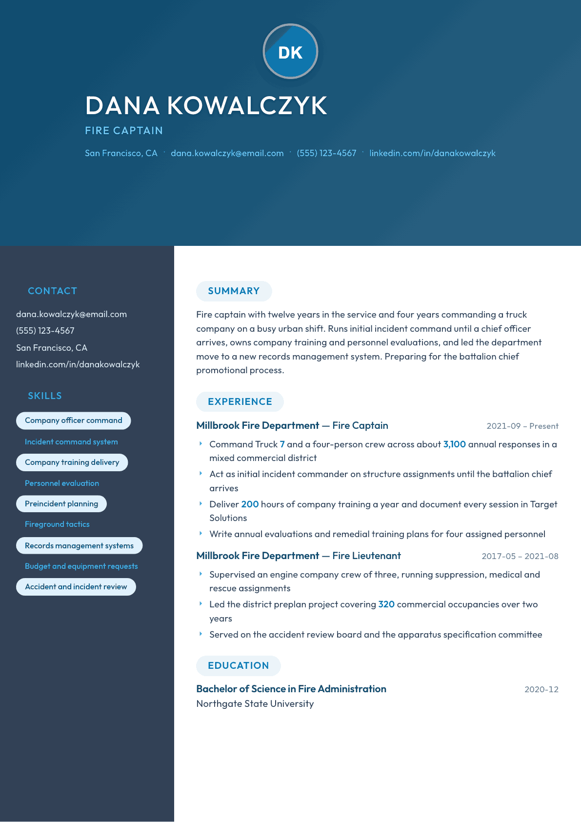 Fire Captain resume example, Nexus template