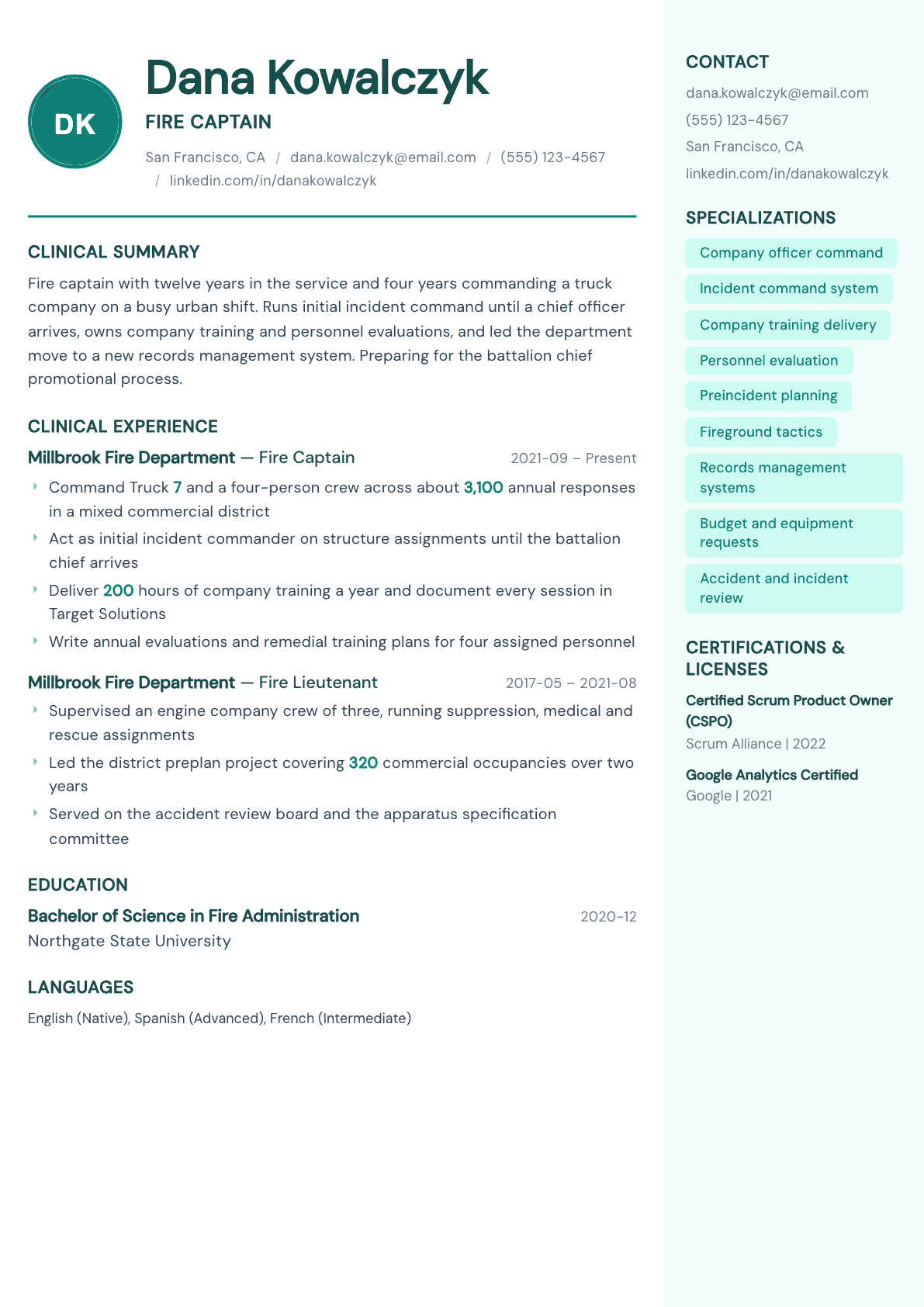 Fire Captain resume example, Remedy template