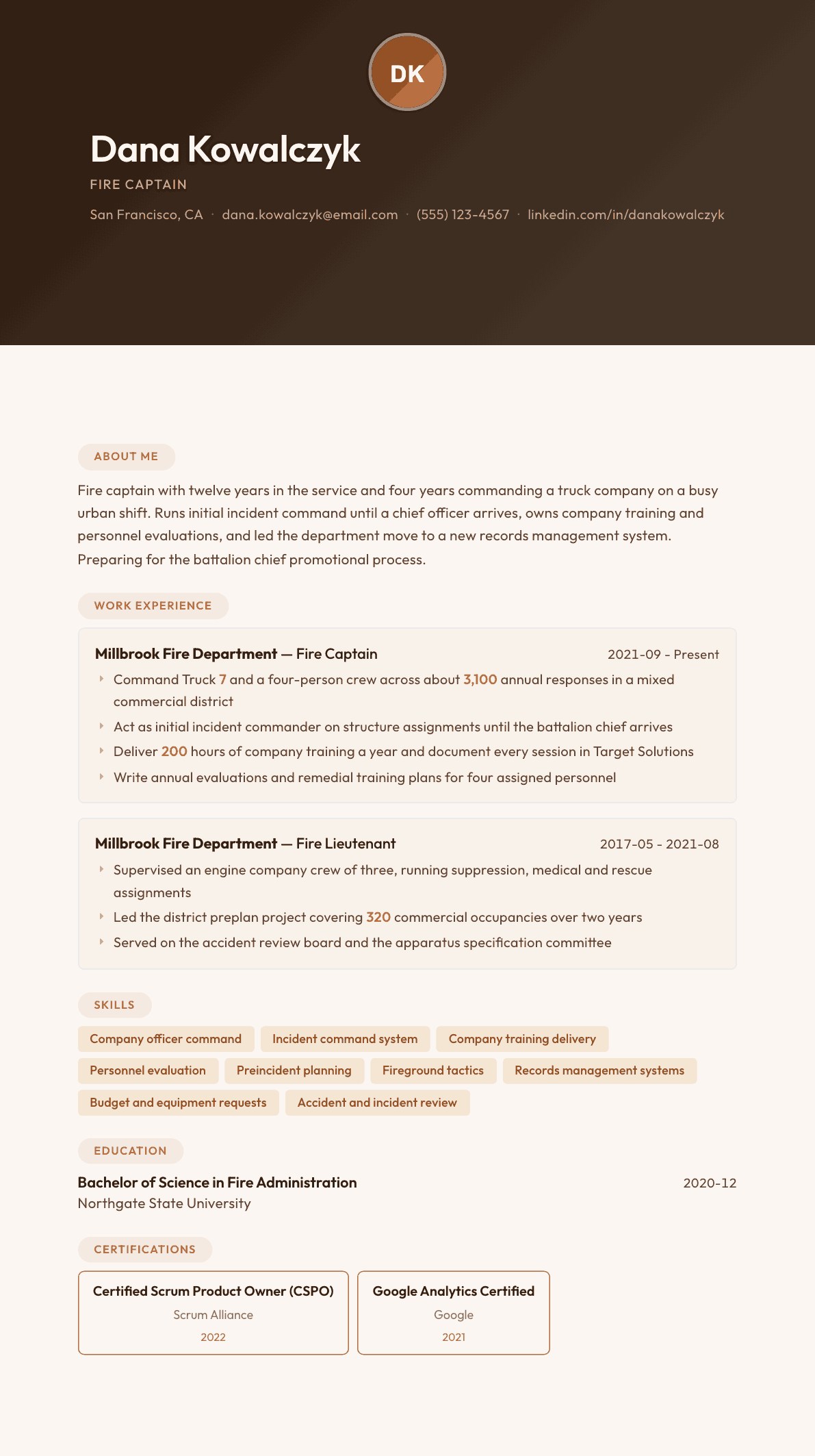 Fire Captain resume example, Terracotta Studio template