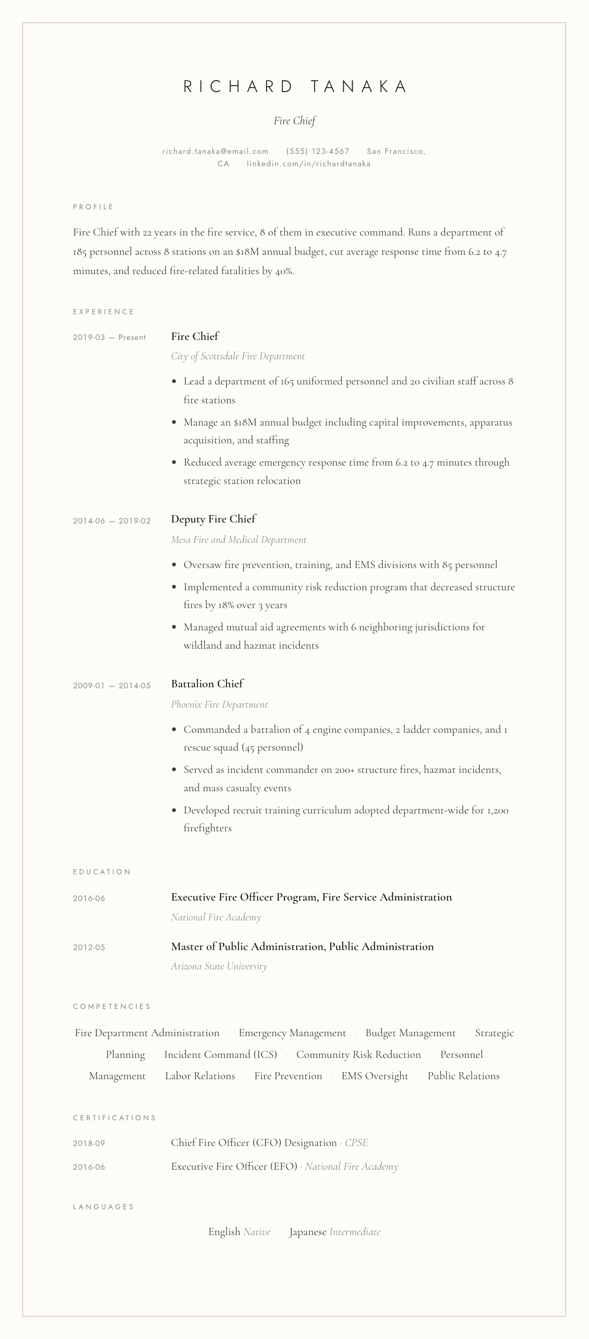 Fire Chief resume example, Vellum template