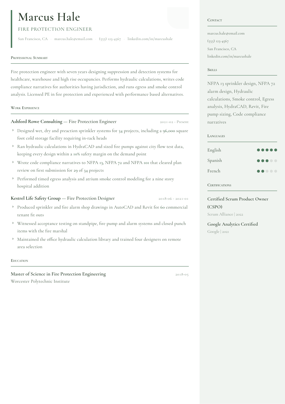 Fire Protection Engineer resume example, Copenhagen template