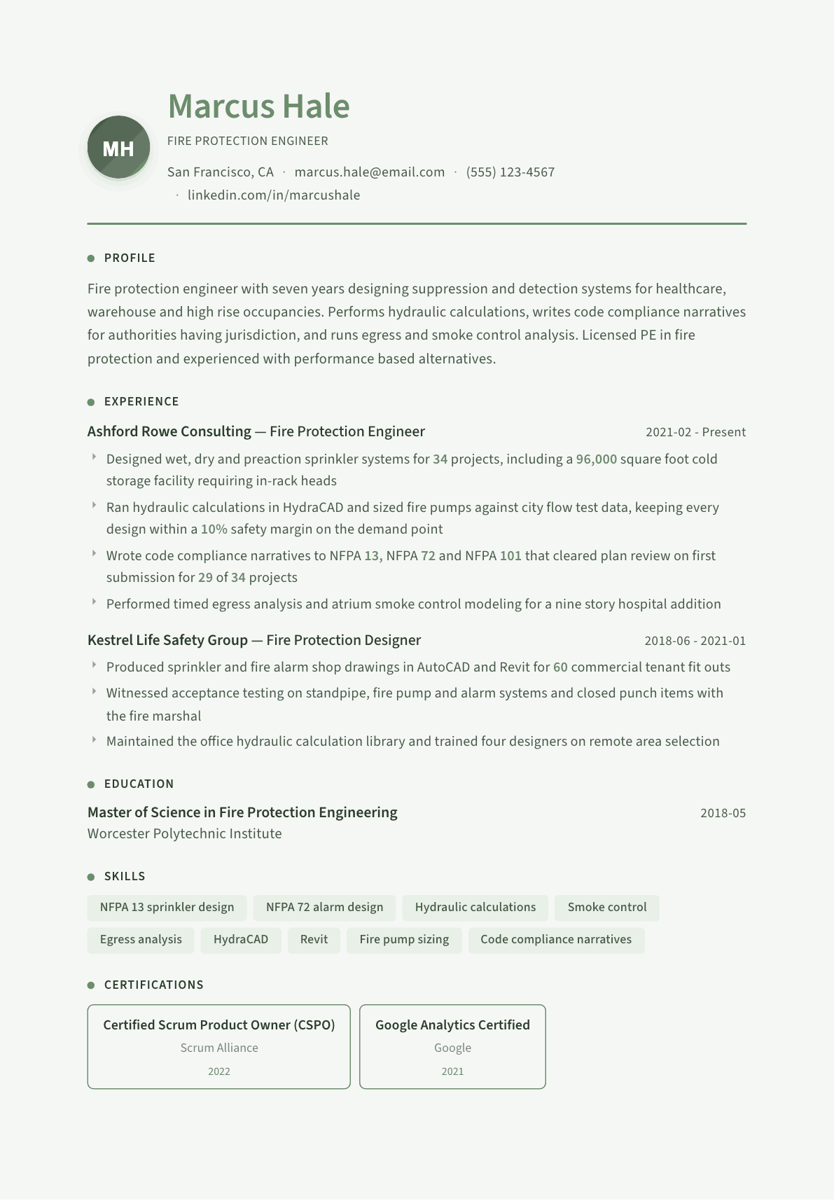 Fire Protection Engineer resume example, Sage Garden template