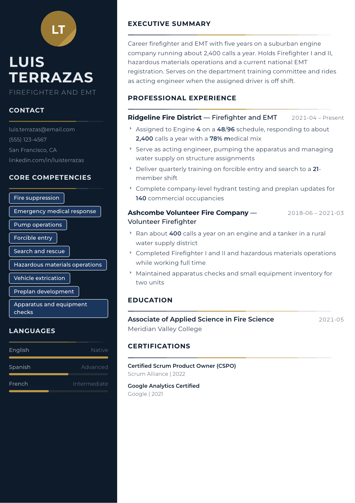 Firefighter resume example, Catalyst template