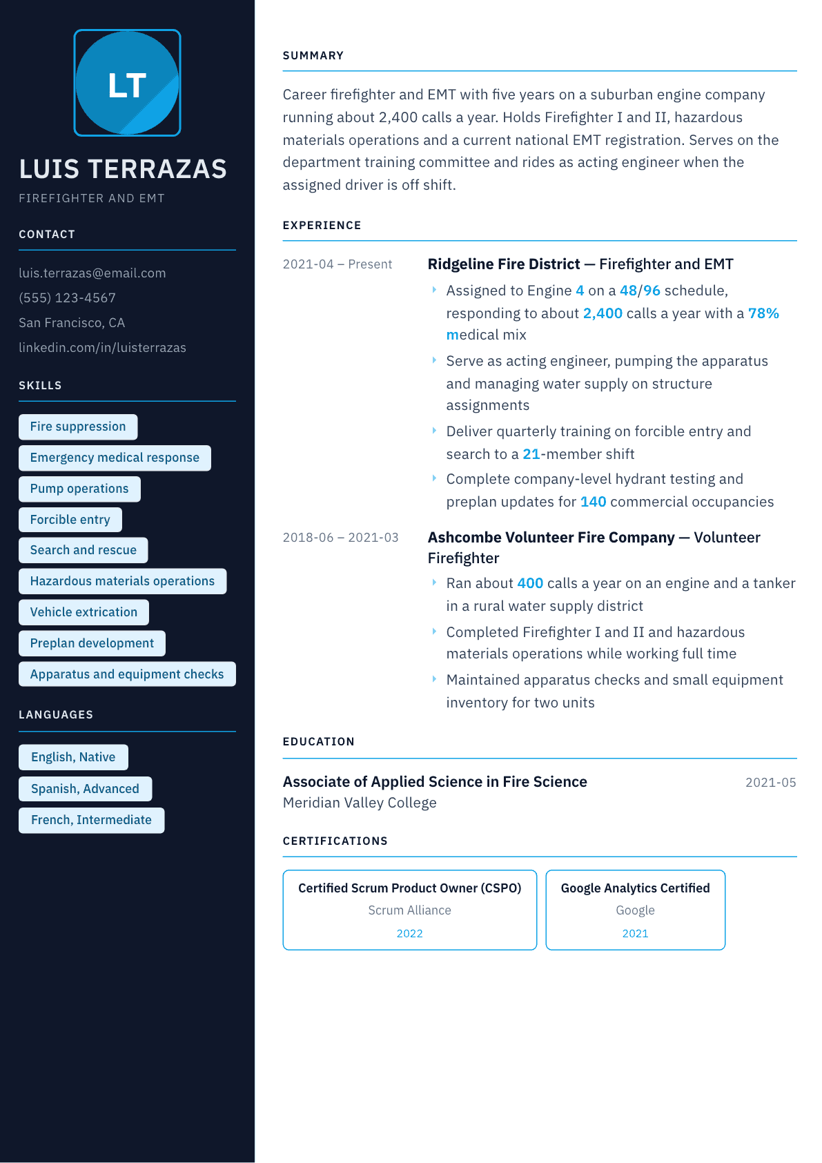 Firefighter resume example, Everest template