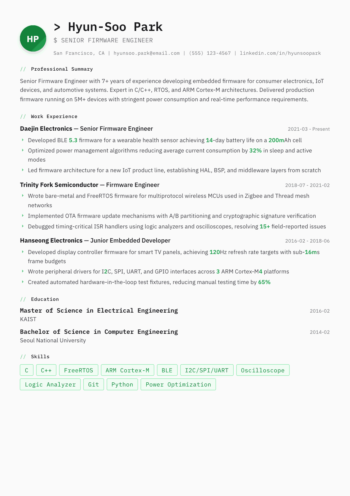 Firmware Engineer resume example, Amsterdam template