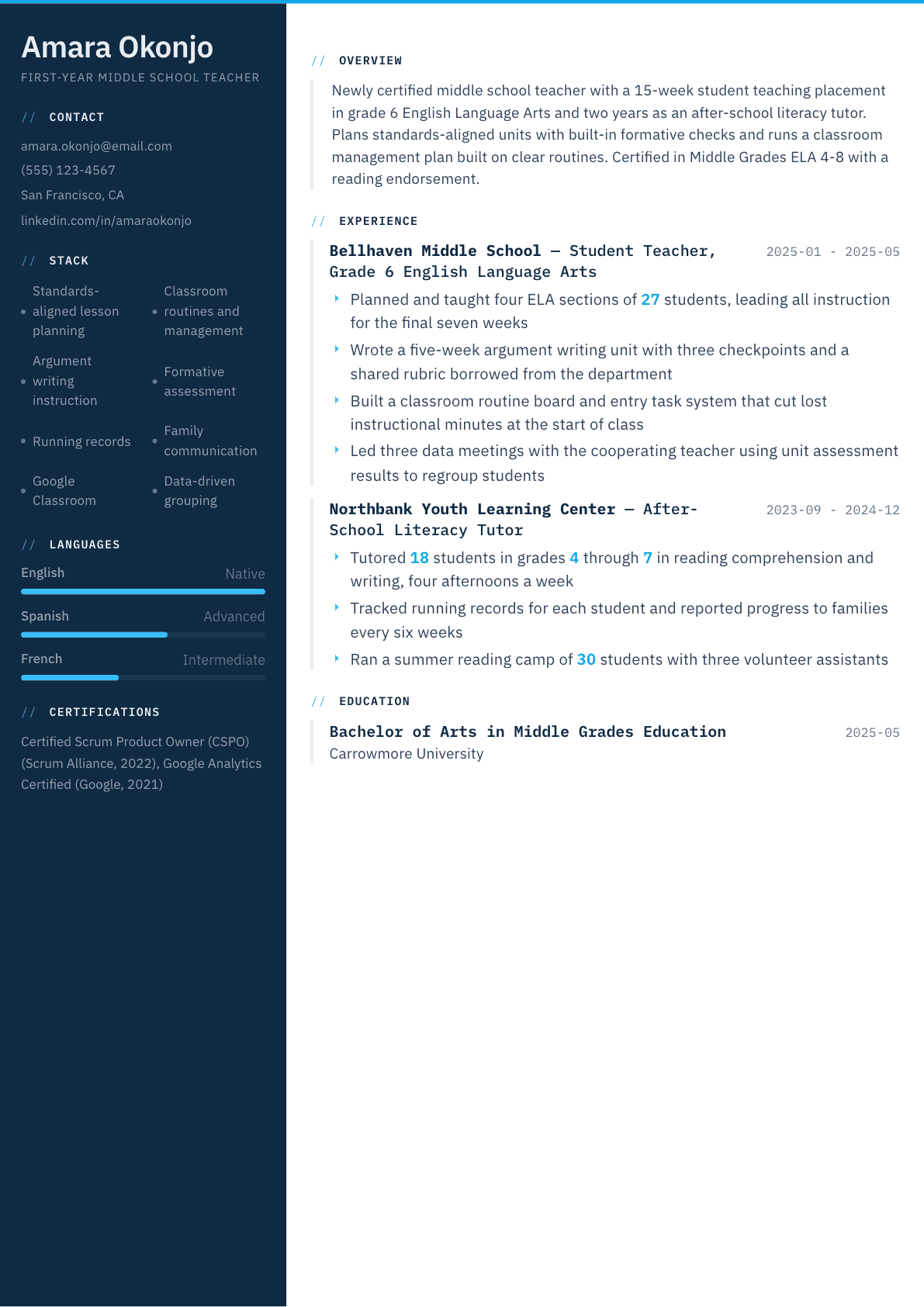 First-Year Teacher resume example, Datum template