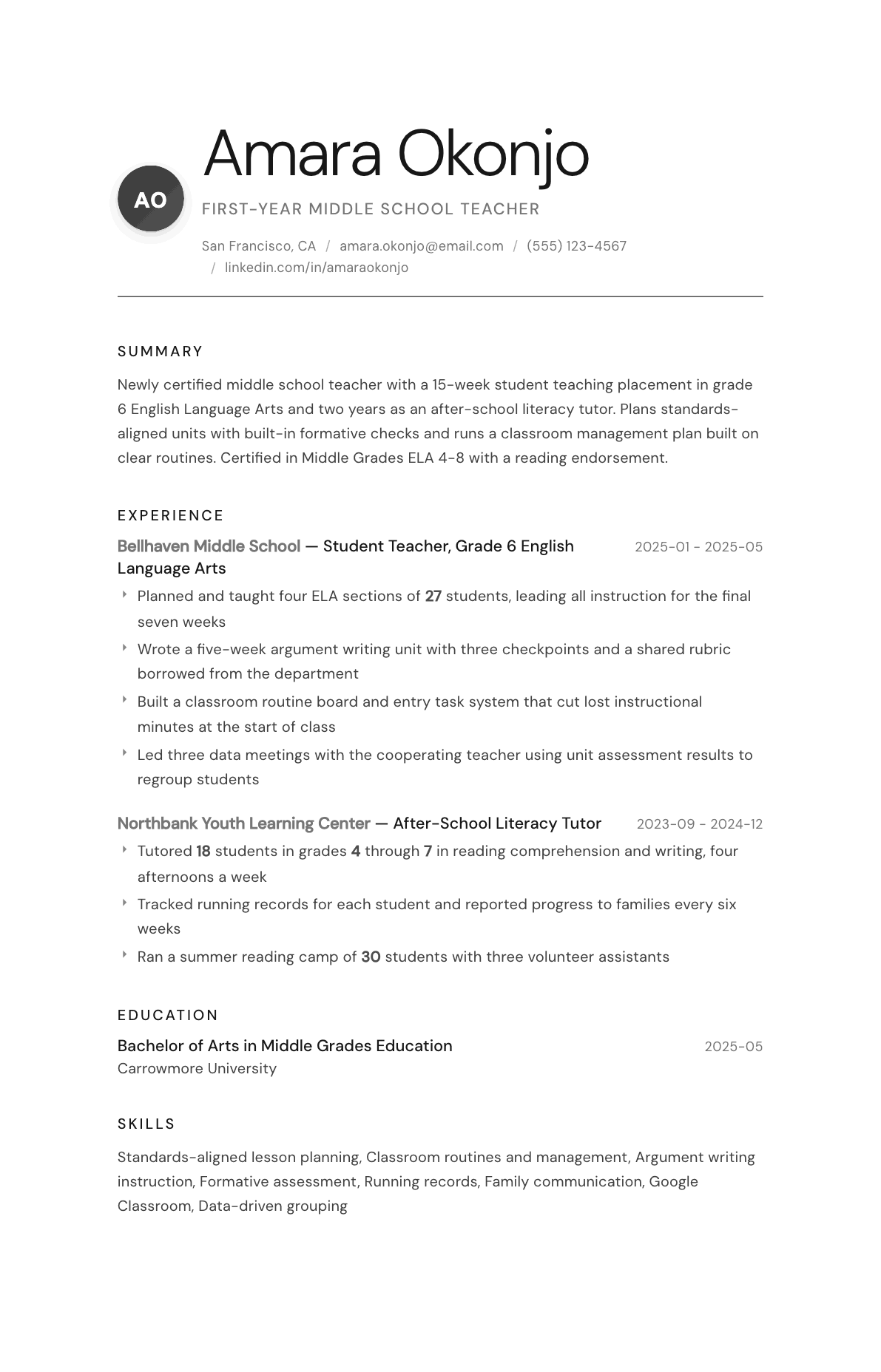 First-Year Teacher resume example, Whisper template