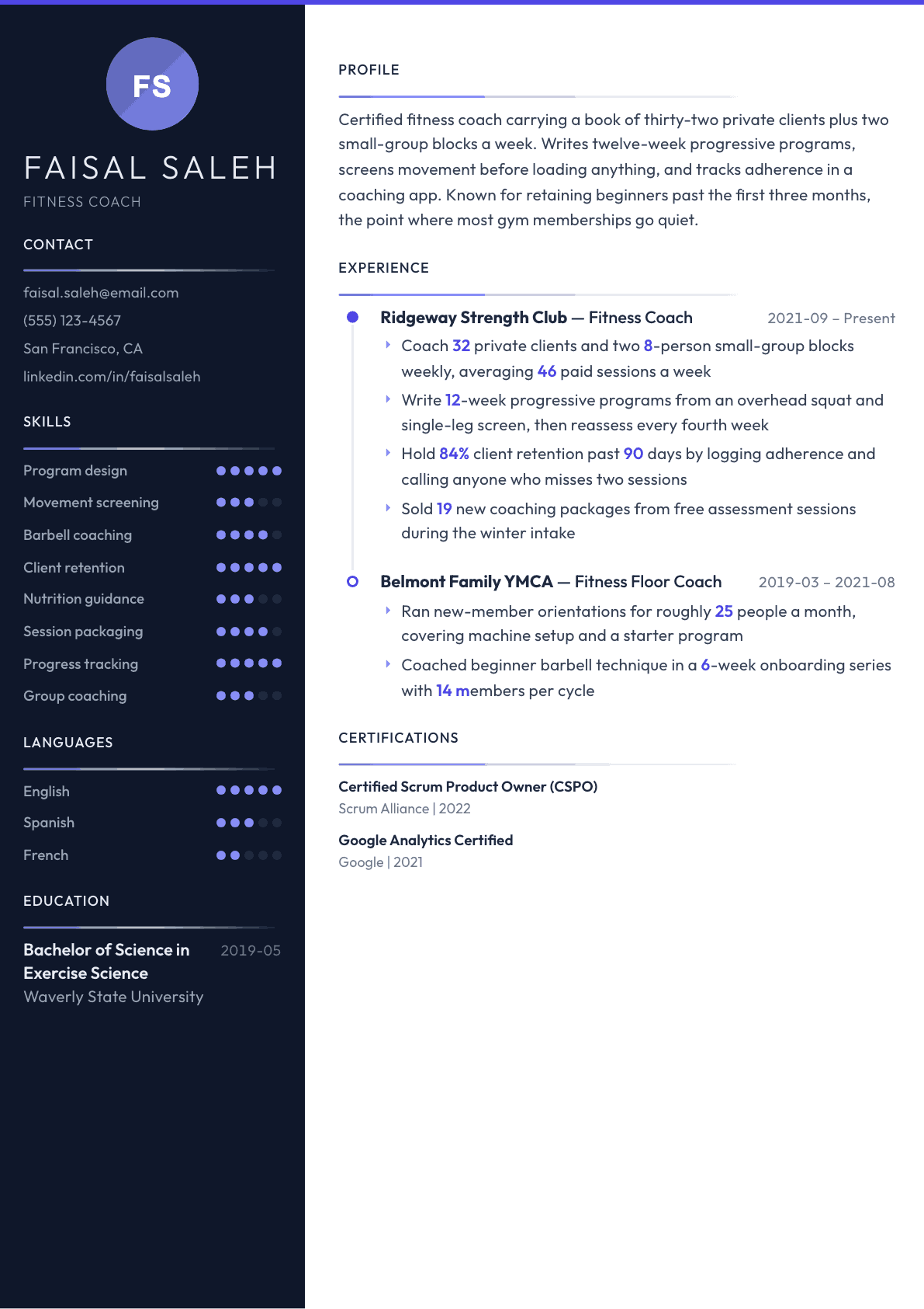 Fitness Coach resume example, Zenith template