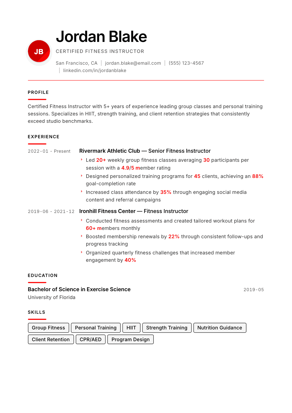 Fitness Instructor resume example, Swiss Modernist template