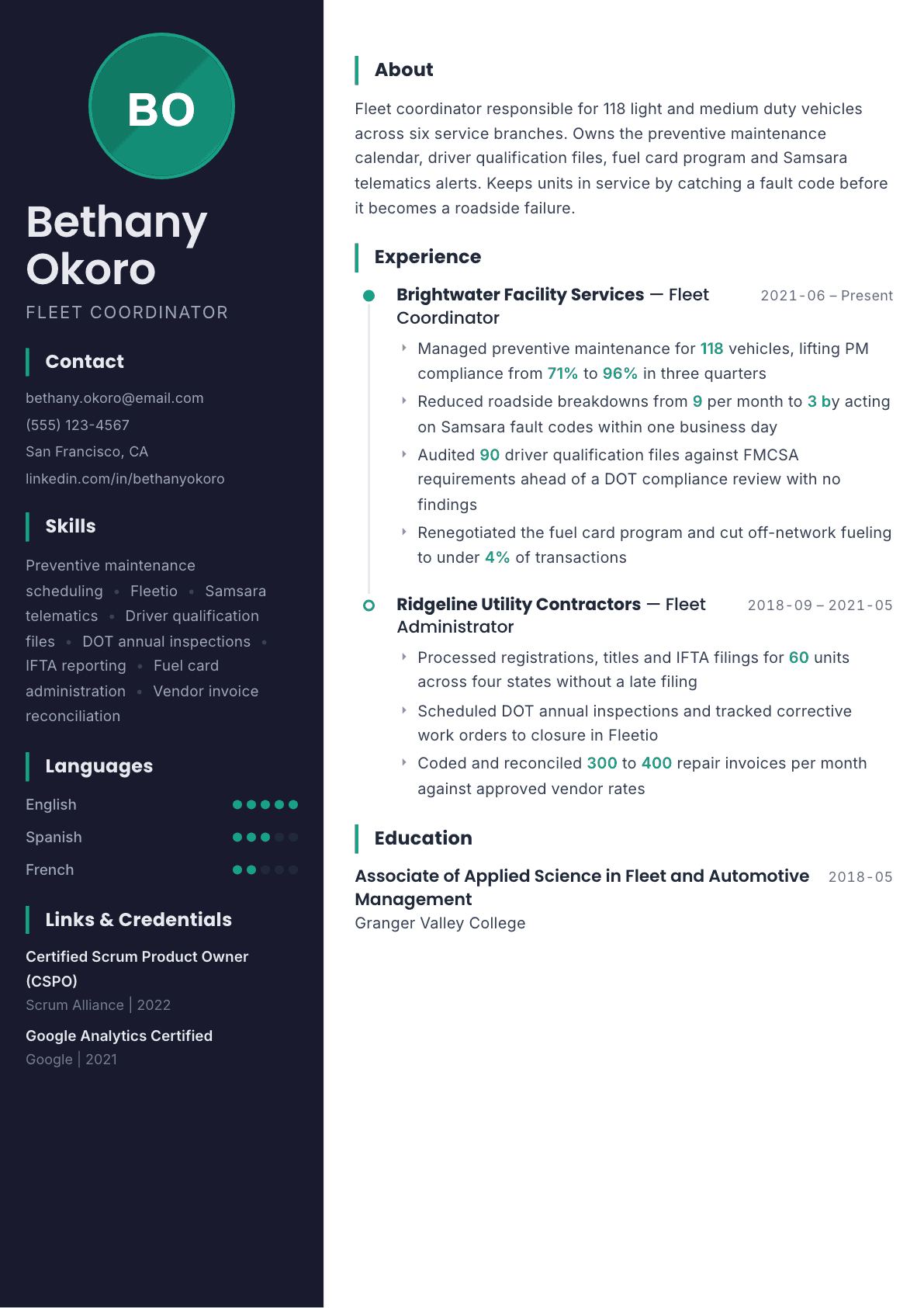 Fleet Coordinator resume example, Bapak template
