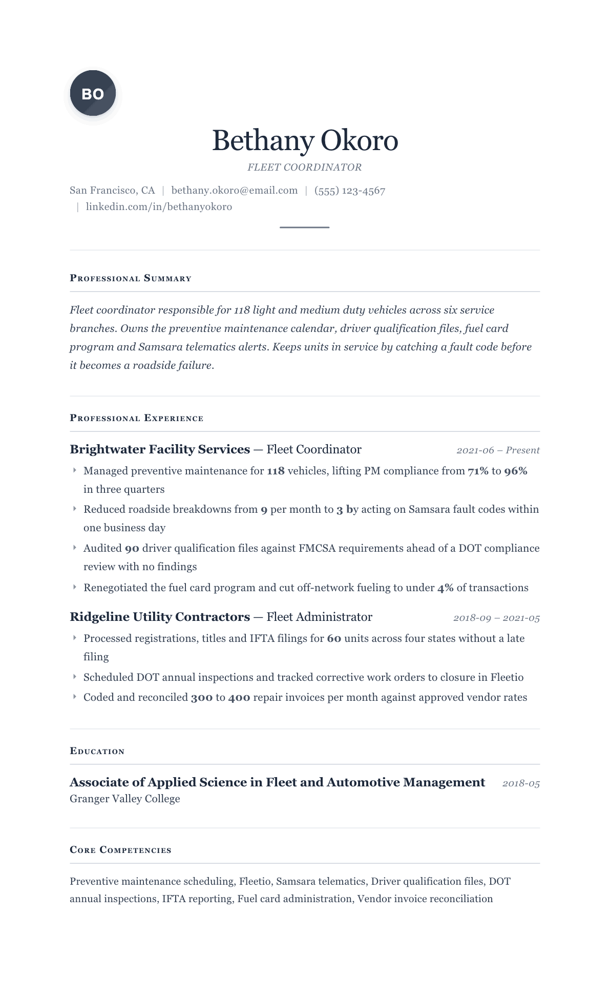 Fleet Coordinator resume example, Cornerstone template
