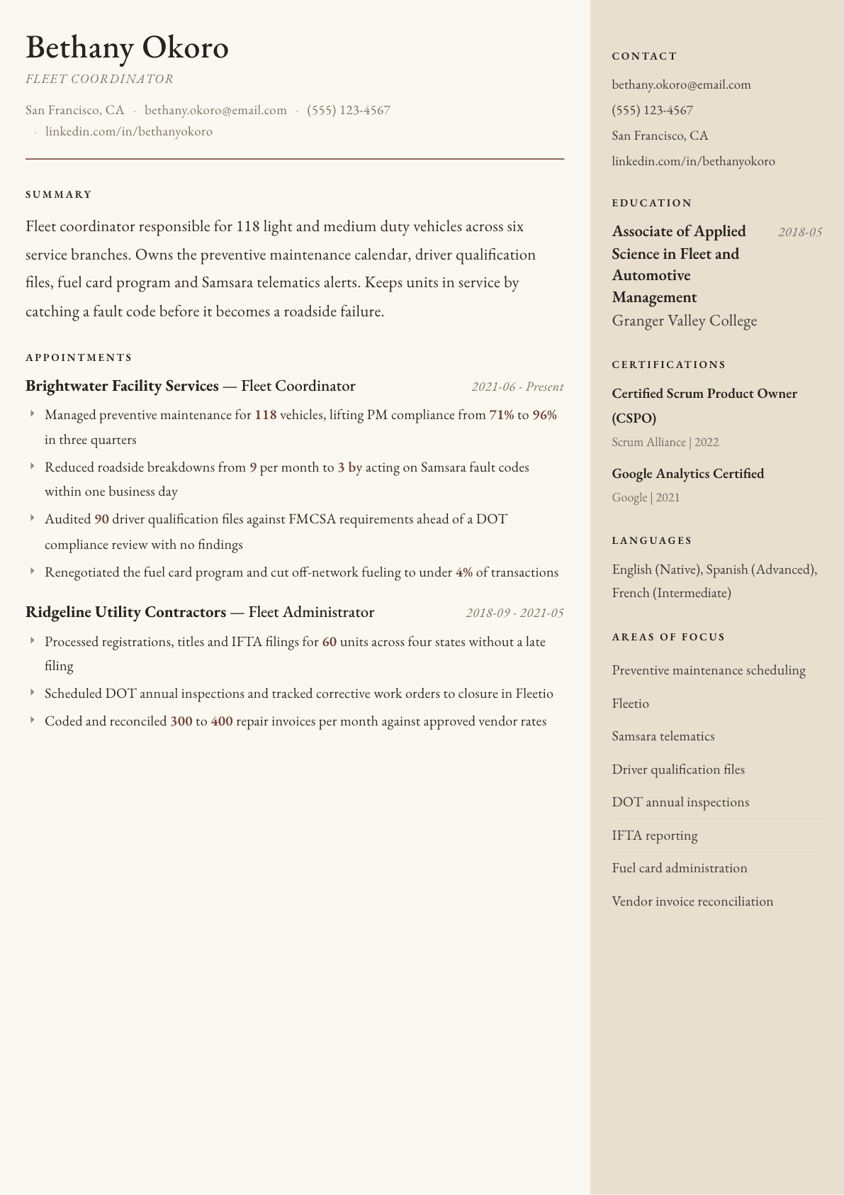Fleet Coordinator resume example, Manuscript template