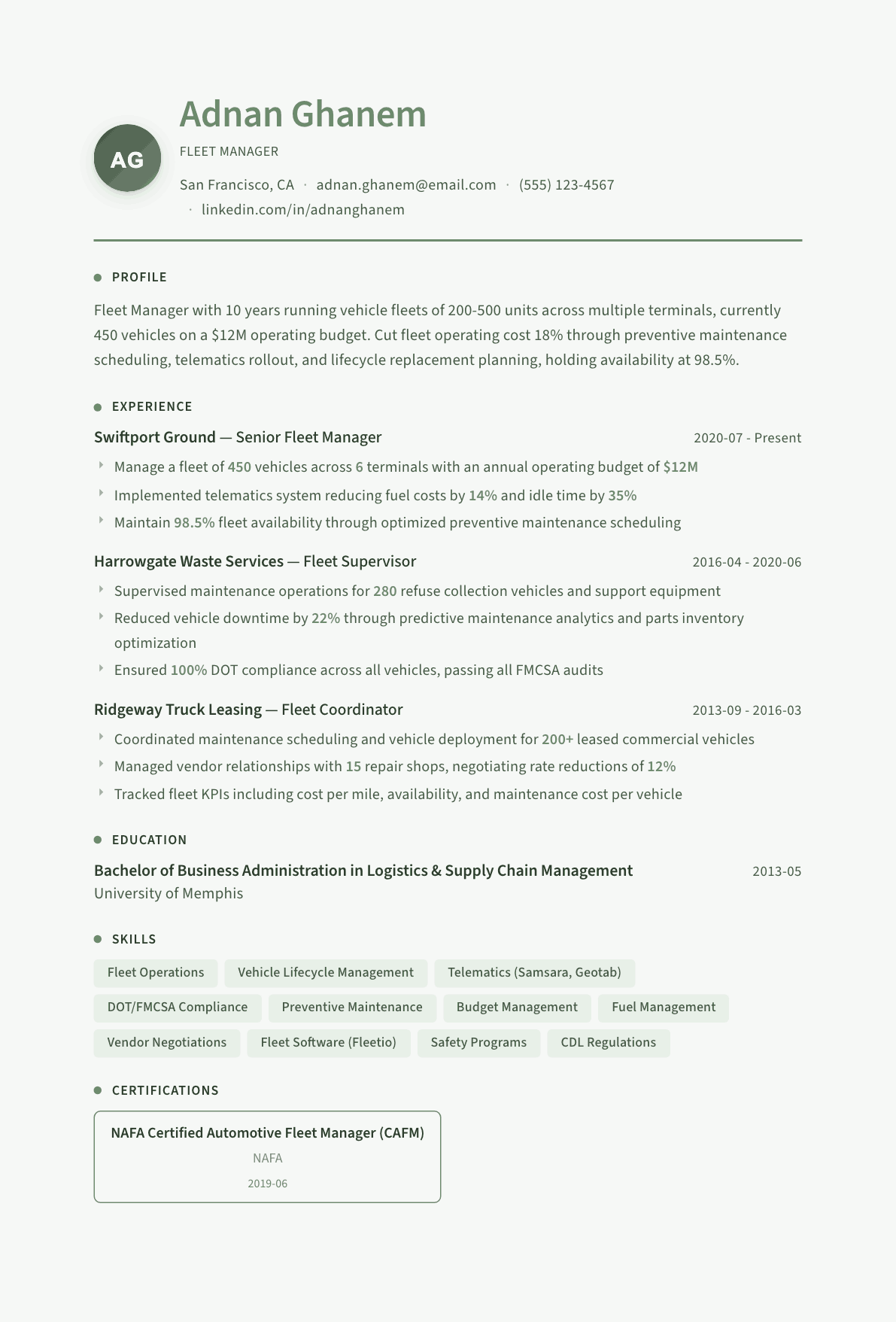 Fleet Manager resume example, Sage Garden template