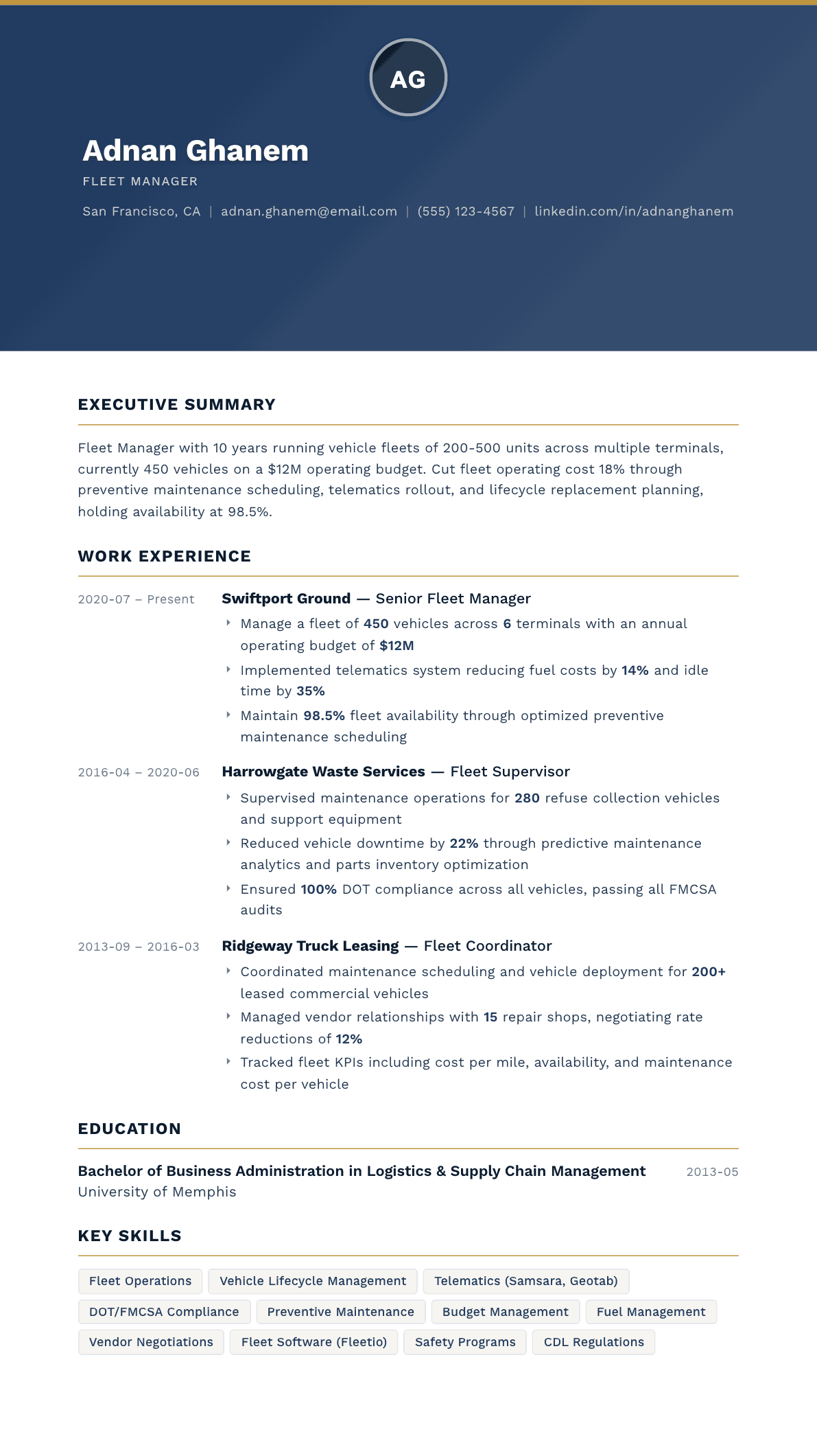 Fleet Manager resume example, Sovereign template