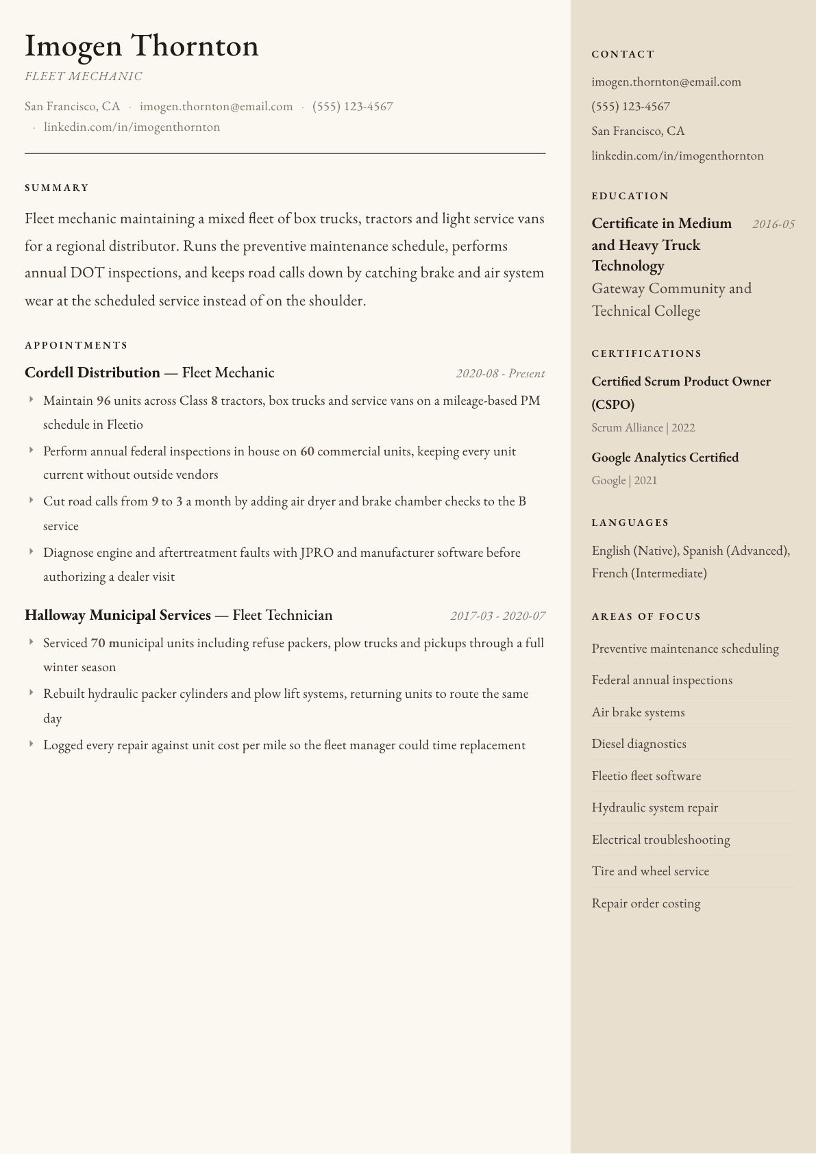 Fleet Mechanic resume example, Manuscript template