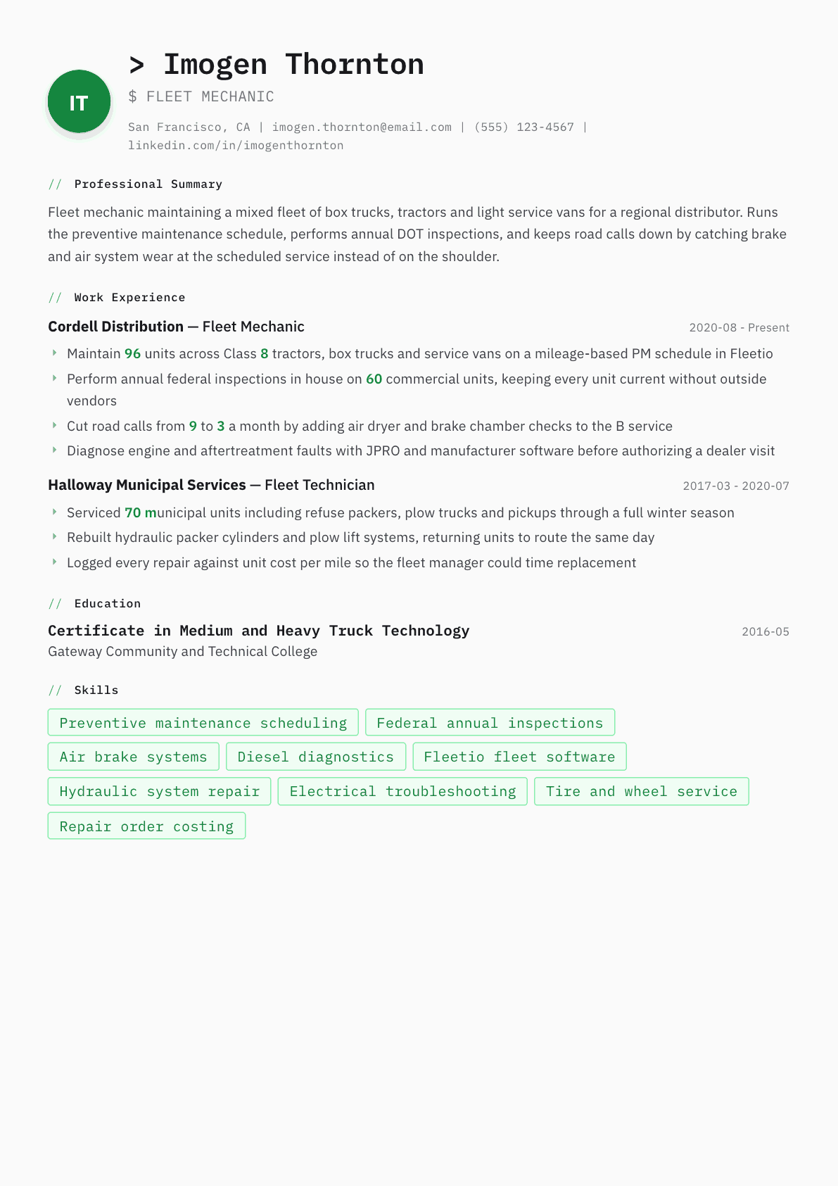 Fleet Mechanic resume example, Amsterdam template