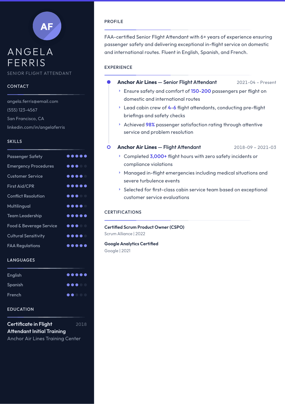 Flight Attendant resume example, Zenith template