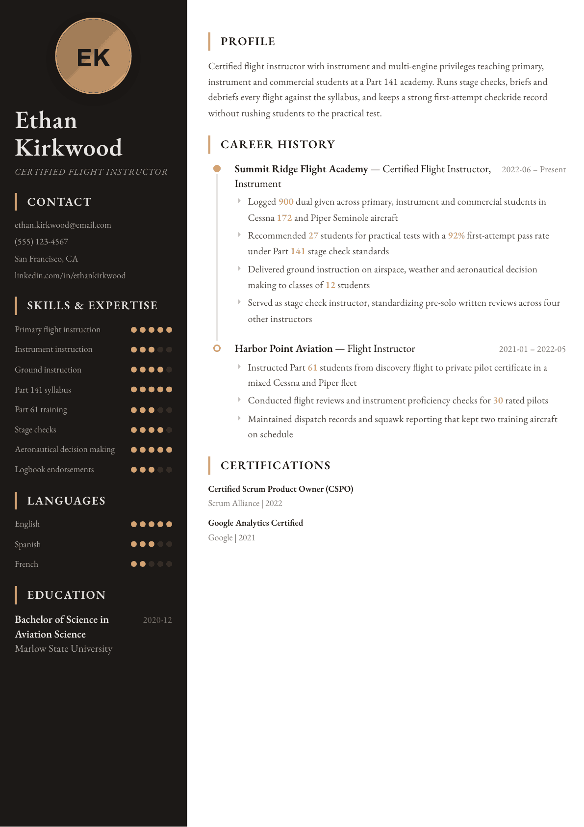 Flight Instructor resume example, Heritage template