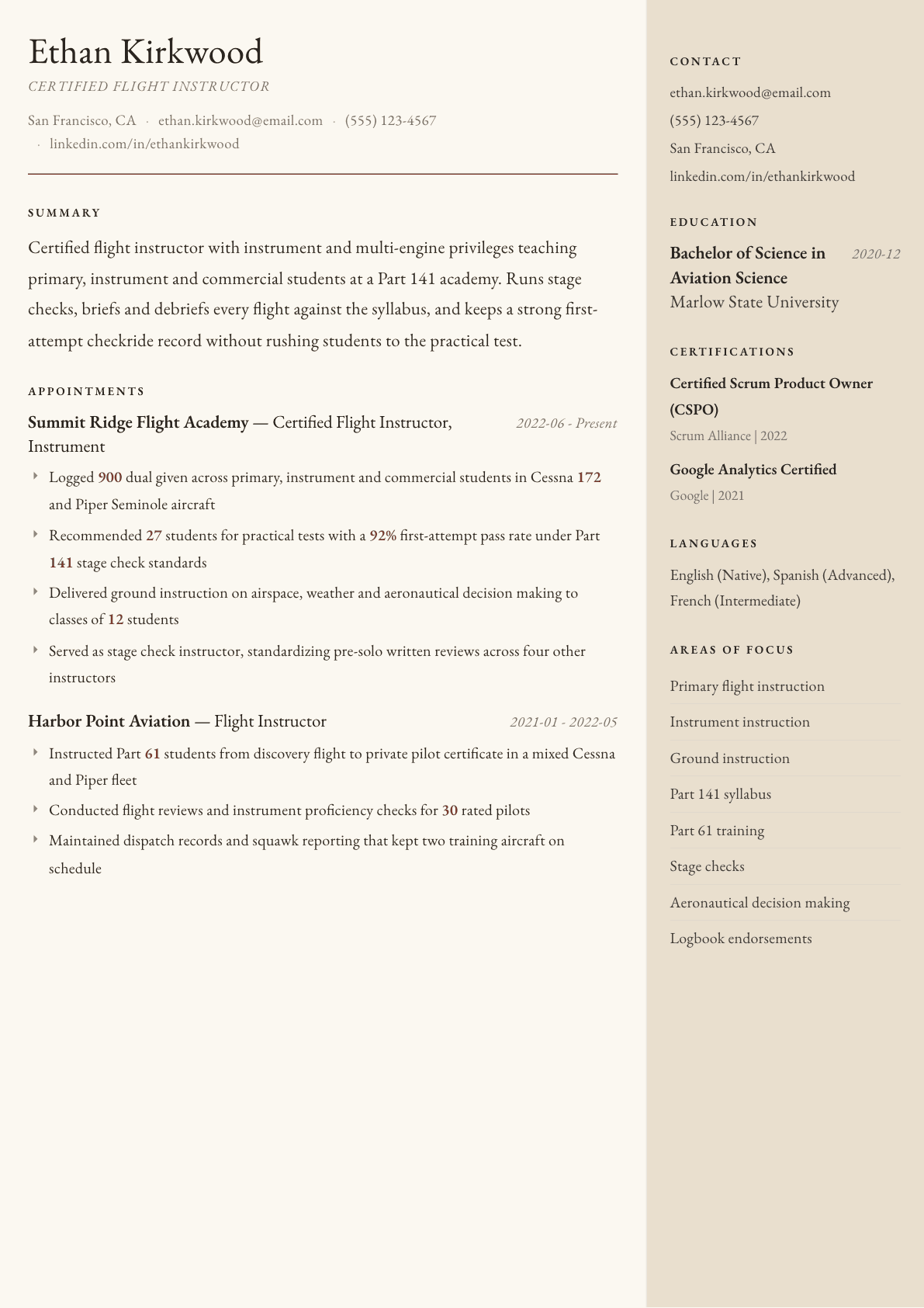 Flight Instructor resume example, Manuscript template