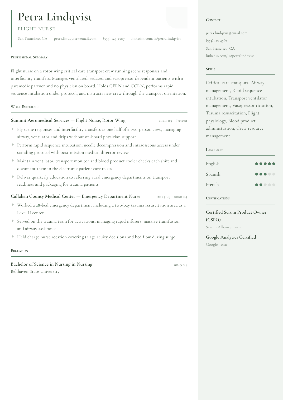 Flight Nurse resume example, Copenhagen template