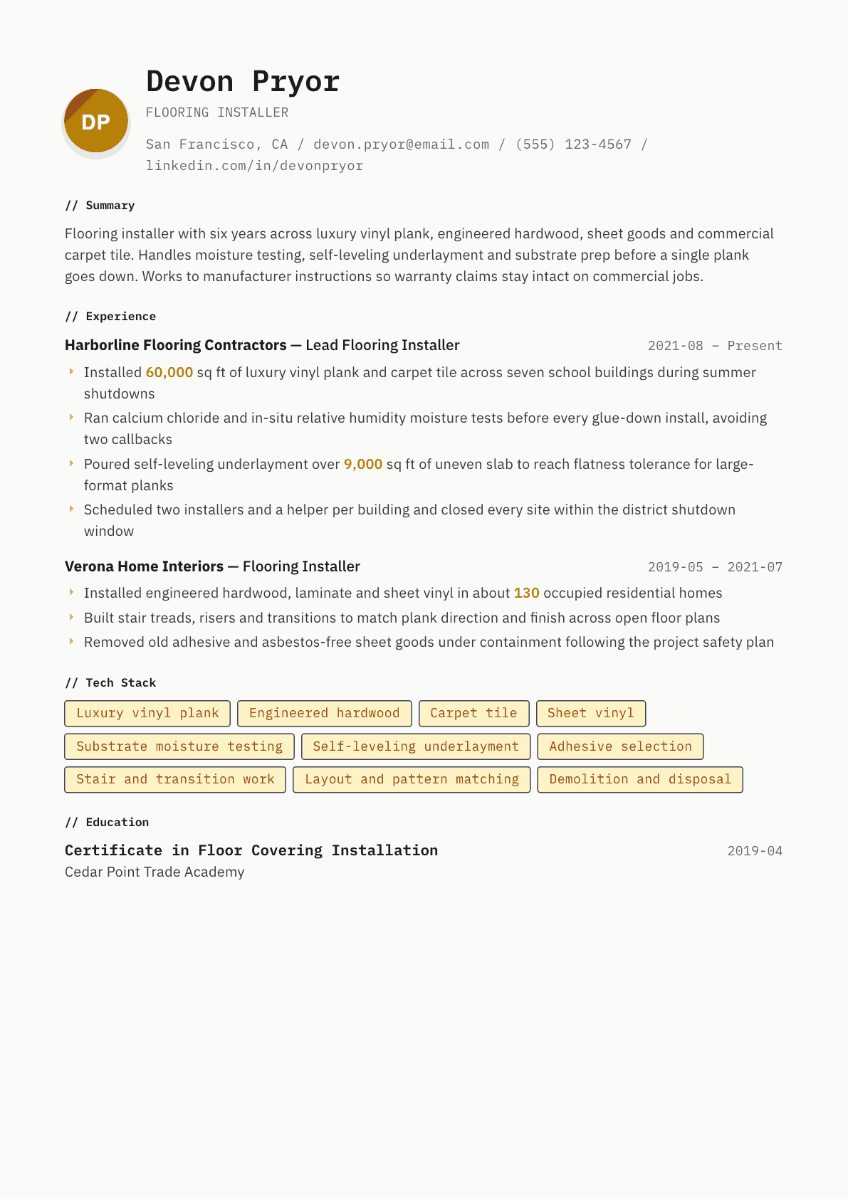 Flooring Installer resume example, Inkwell template