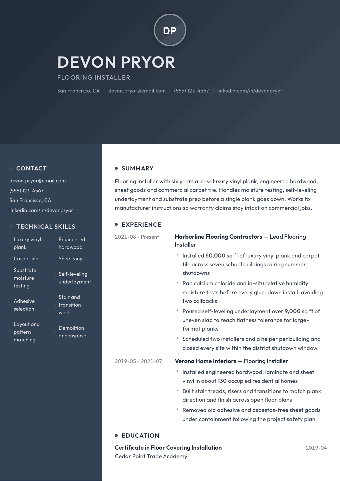 Flooring Installer resume example, Binary template