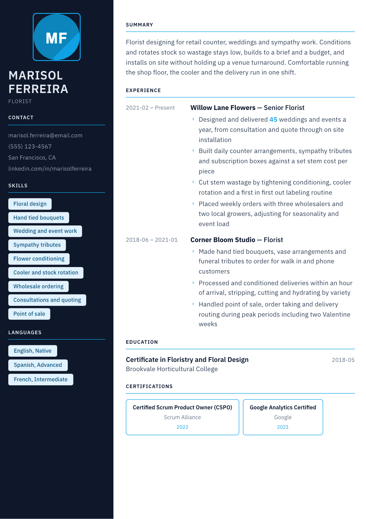 Florist resume example, Everest template