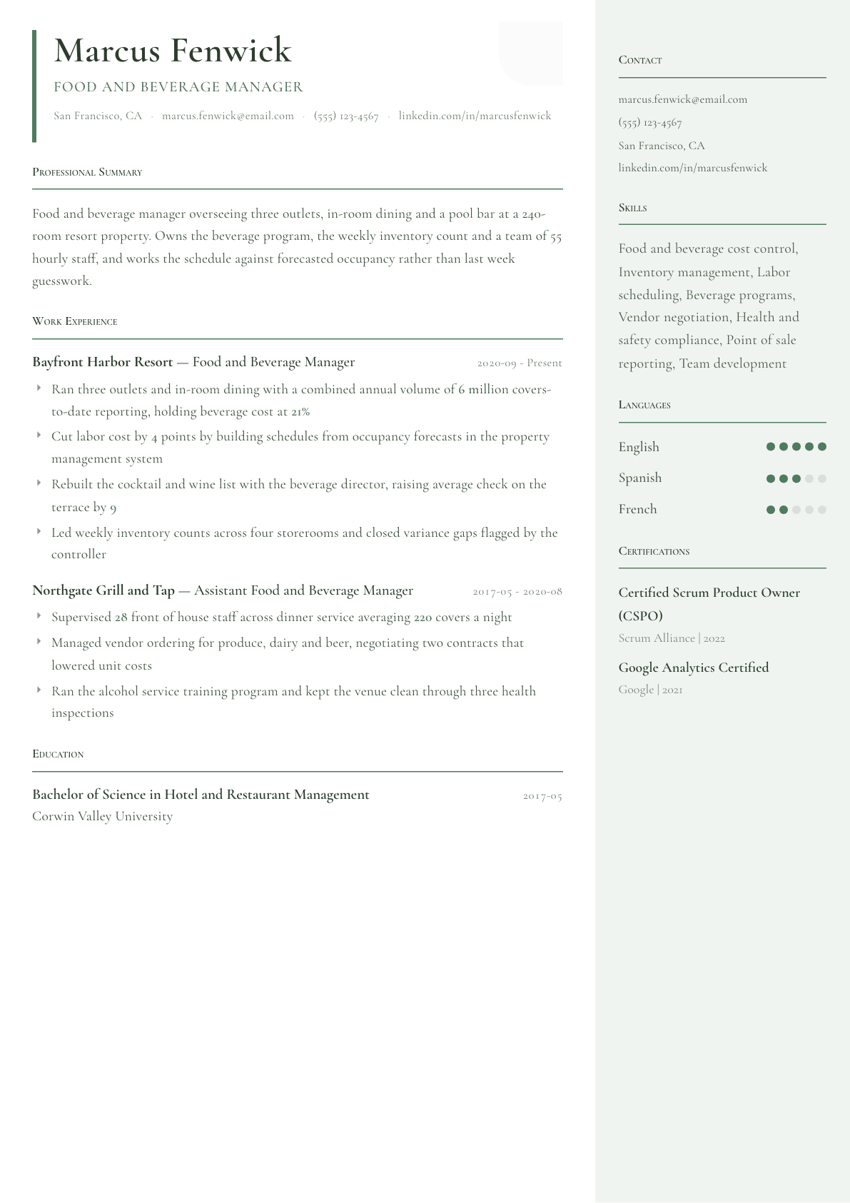 Food and Beverage Manager resume example, Copenhagen template